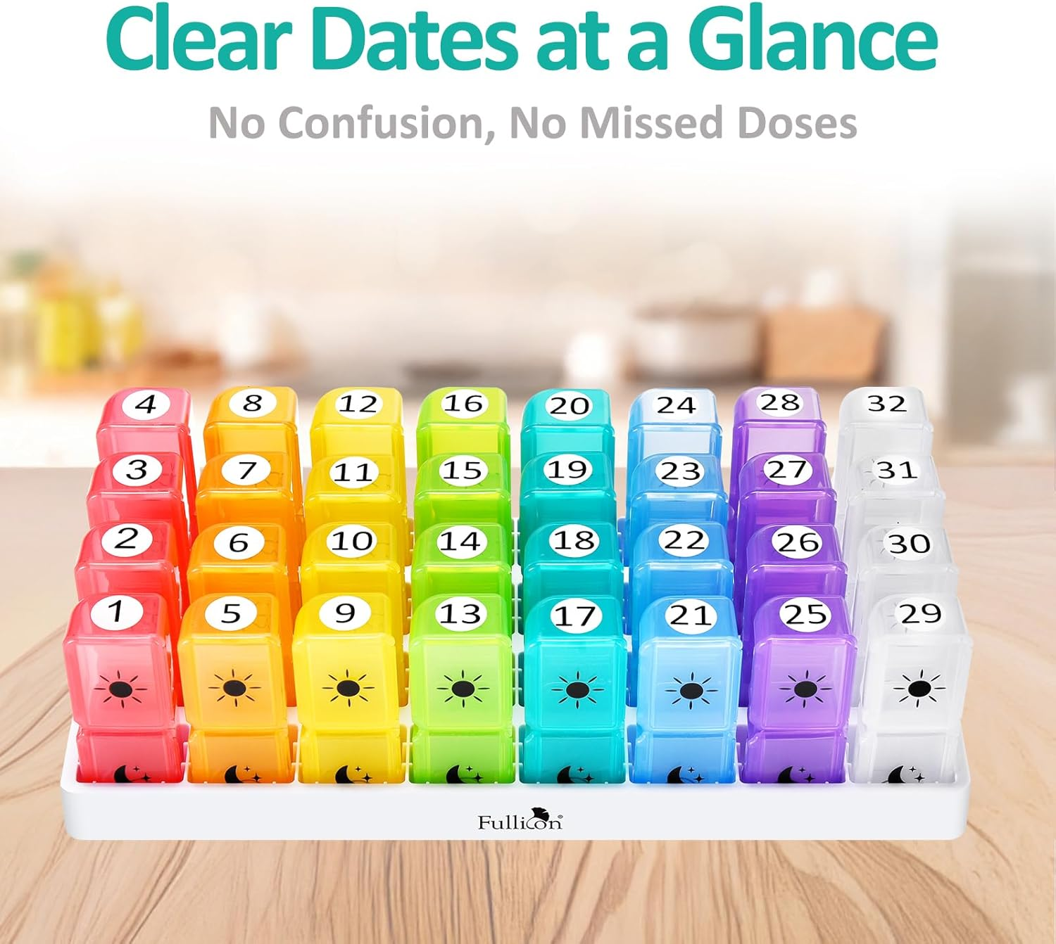 Fullicon Monthly Pill Organiser 2 Times a Day, 30 Day AM PM Pill Box & Medicine Organiser with 32 Large Removable Cases for Vitamins & Travel (Rainbow White) image number 2