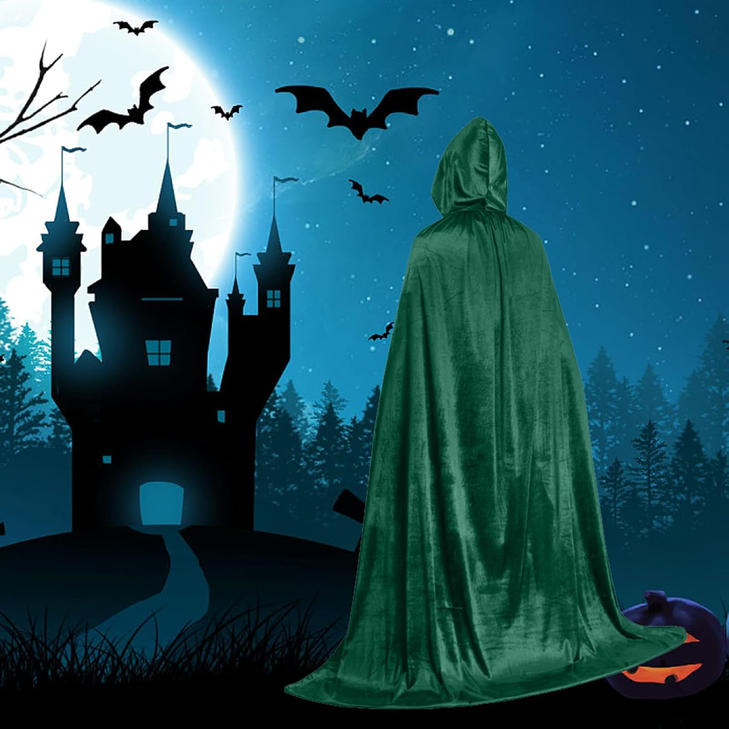 Halloween Vampire Cloak,Reverse Medieval Hooded Cloak Cape with Collar Reversible Cape Magician Costume Fancy Dress Outfit image number 2