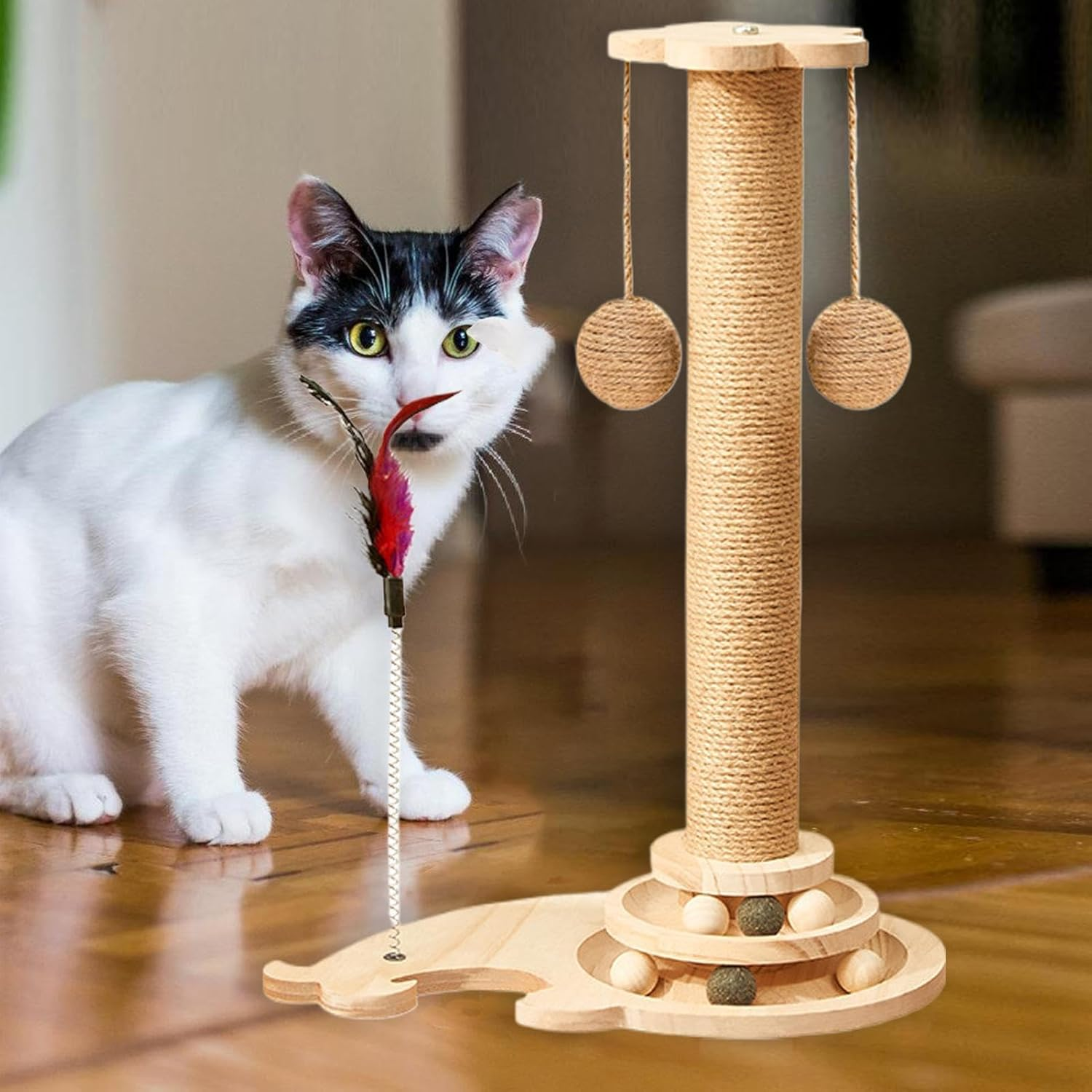 Cat Post Scratcher | Indoor Cat Puzzle Toy | Multifunctional Pet Teaser Toy for Physical Exercise, 4-In-1 Kitten Scratcher Post image number 1