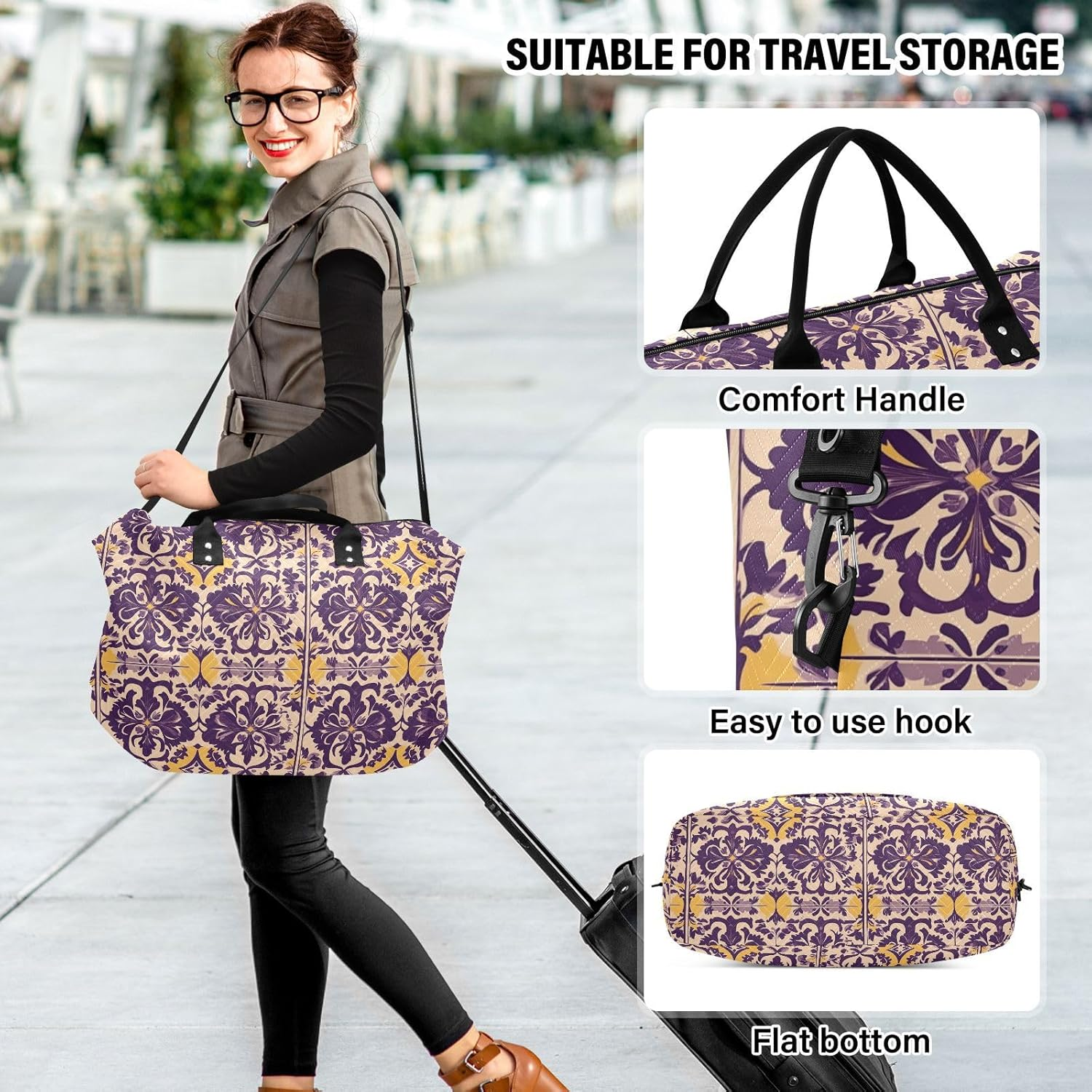 Travel Bag Travel Weekender Gear Bag Travel Tote Gym Bag with Adjustable Strap for Sports Multifunctional, Country Style Flower Pattern Purple and Yellow image number 2