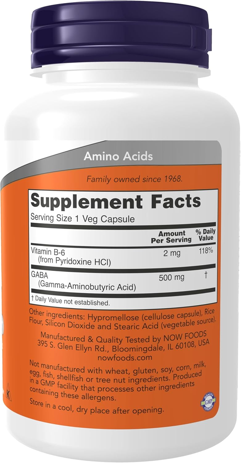 Now Supplements, GABA (Gamma-Aminobutyric Acid)500 Mg + B-6, 100 Count, Veg Capsules