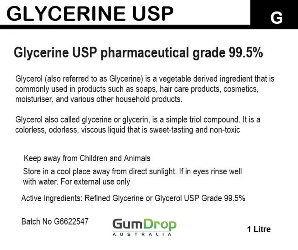 Glycerine Refined USP 99.9% Glycerol Pharmaceutical Grade Palm Oil Free - 1LT