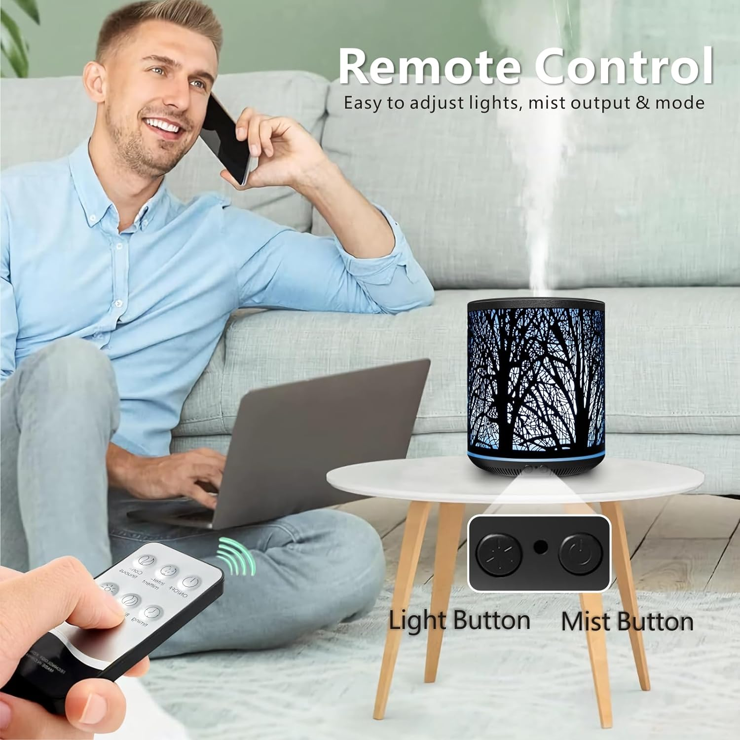 Sunfuny Essential Oil Diffuser, Aromatherapy Metal Oil Diffuser 400Ml with Remote Control, Ultrasonic Aroma Diffuser Mini Air Humidifier Fragrance Vaporizer with 7 Color LED Light (Black Forest Iron) - Black Forest image number 2