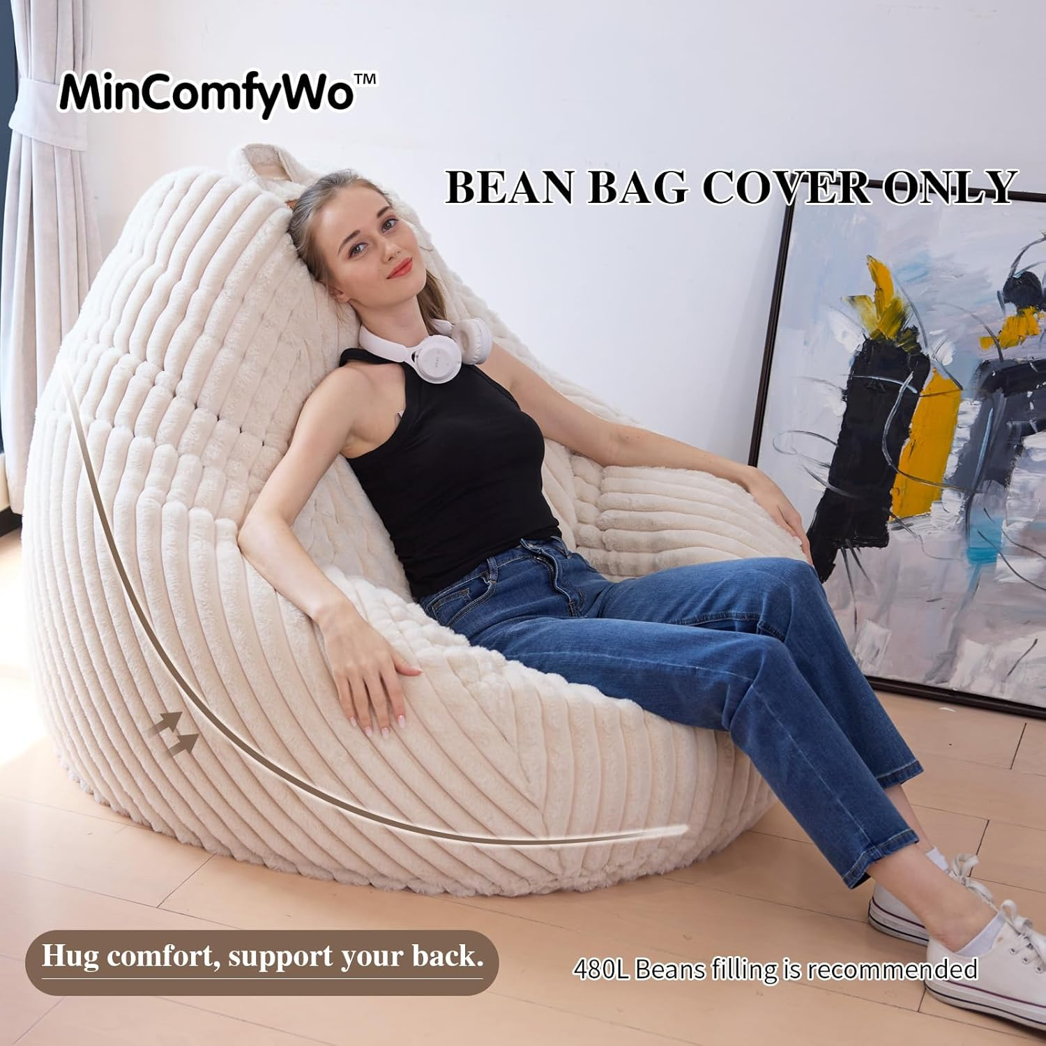 Mincomfywo Large Bean Bag Chair Cover (No Filler)- Stuffable Soft Beanbag Cover, Adults Lounge Gaming Lazy Sofa Bed for Living Room Bedroom (XL, Beige) image number 4