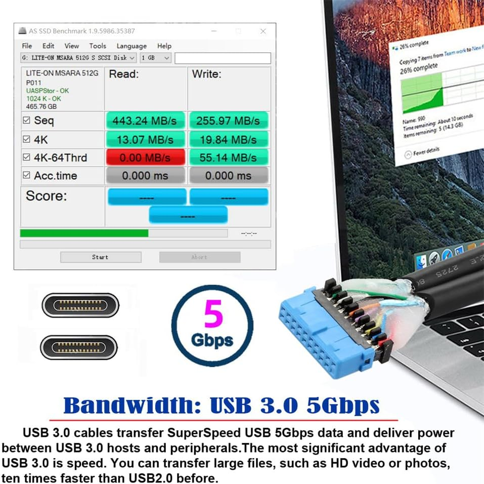 Xiwai Dual Ports USB 3.0 USB-C Type-C Female to 20 Pin Header High Speed 5Gbps Data Transmission PCI-E Back Panel Cable for Computer Motherboards 50Cm image number 2