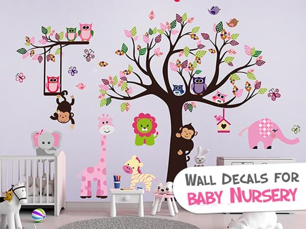 DEKOSH Pink Jungle Theme Girl Nursery Wall Decal Featuring Large Tree Owl and Butterflies Peel and Stick Wall Sticker Set for Kids Room D&eacute;cor image number 2