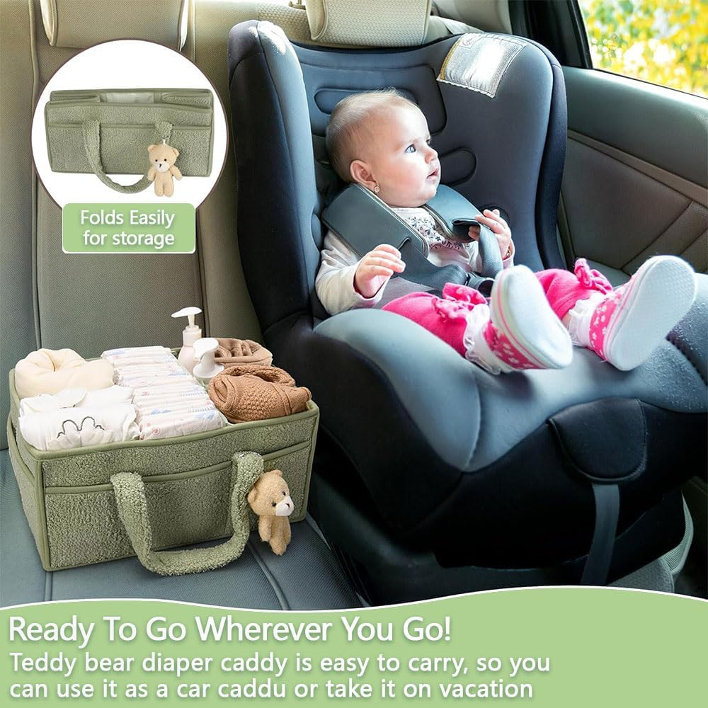 Baby Diaper Caddy Organizer with Handle, Portable Large Nursery Storage Basket with Pocket for Diapers, Wipes, Changing Table, Car & Travel &ndash; Gender Neutral Baby Storage Tote, Green image number 6