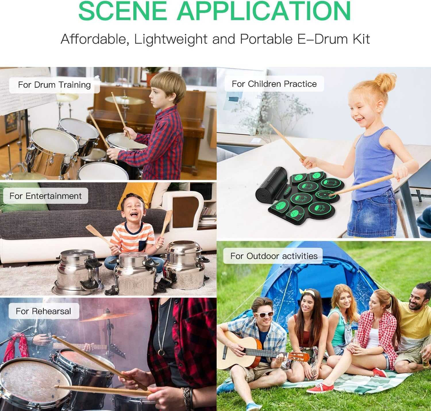 Electronic Drum, Uverbon Portable Drum Set with 9 Pads, 2 Pedals and Drumsticks, Built-In Stereo Speakers, Digital Music Pad Roll up Drum Set for Children and Beginners