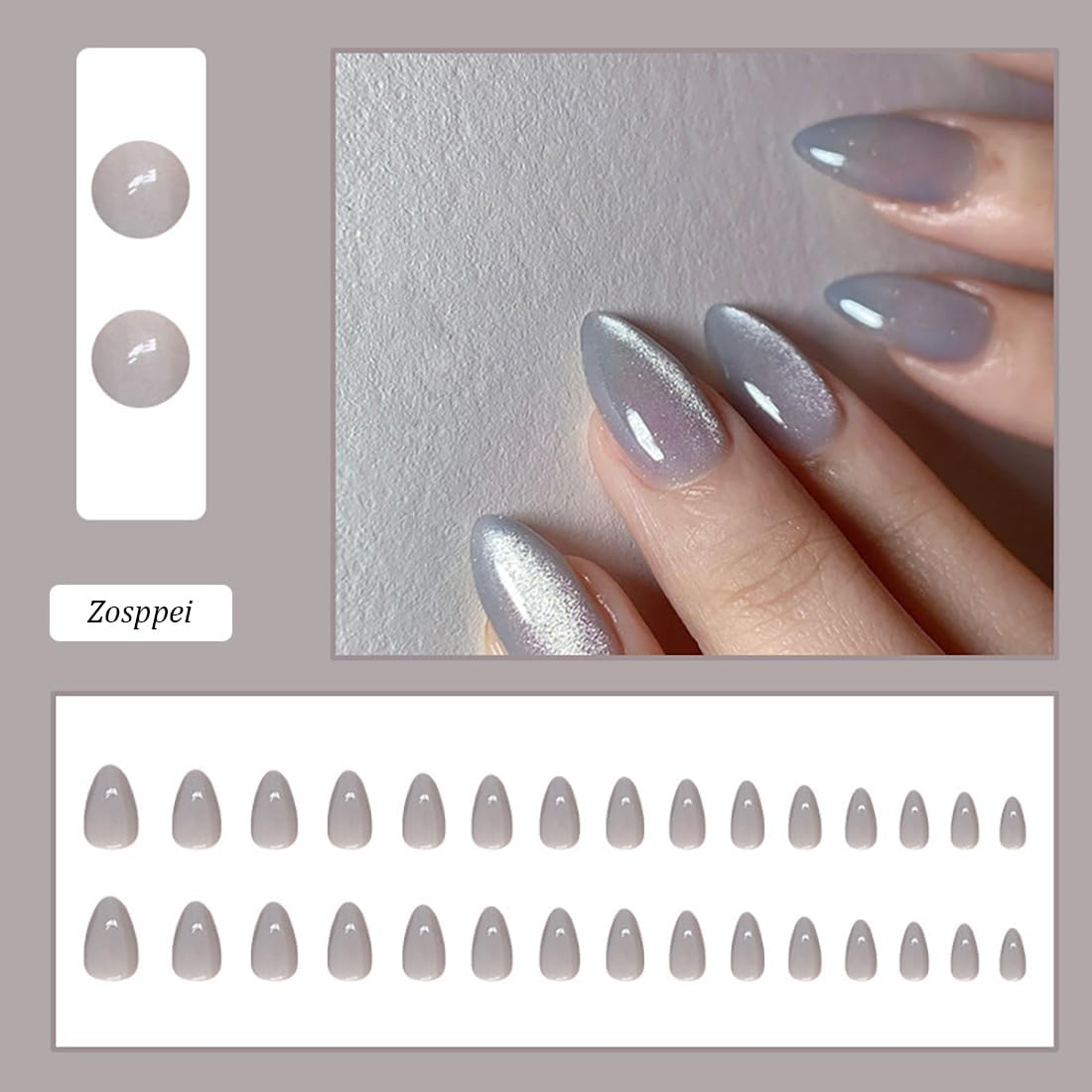 30 PCS Almond Glitter Press on Nails Gray Cat Eyes False Nails Glossy Short Fake Nails Full Cover Stick on Nails for Women and Girls image number 2