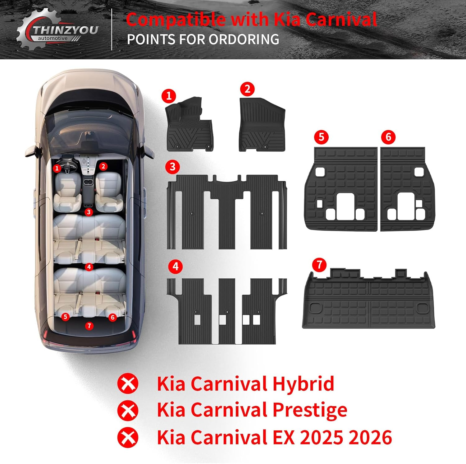 Thinzyou Floor Mats Compatible with 2022-2025 2026 Kia Carnival 8 Seater MPV No Hybrid&Prestige Trunk Liner Cargo Liner Cargo Mat 2024 Carnival Accessories (Floor Mats+Trunk Mat+Backrest Mats)