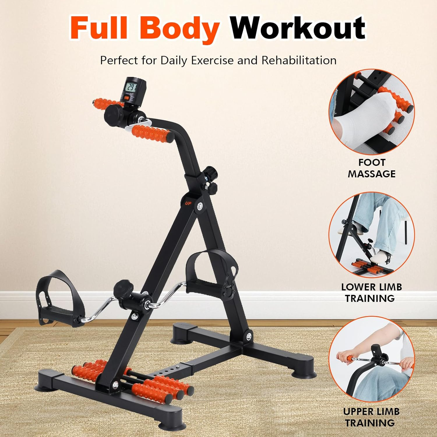 ADVWIN Pedal Exerciser Bike for Seniors, Arms + Legs Physical Therapy, Adjustable Resistance & Height, LCD Display, Black&Orange image number 1
