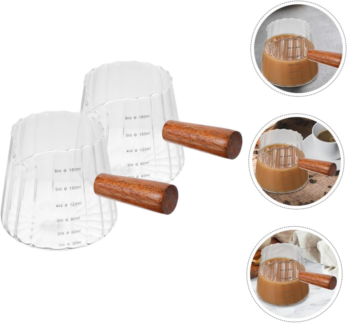 GLEAVI 2Pcs Glass Espresso Measuring Cups with Wooden Handle Milk Frothing Pitchers for Coffee Portion Control Heat-Resistant Mixing Jugs for Home Bar