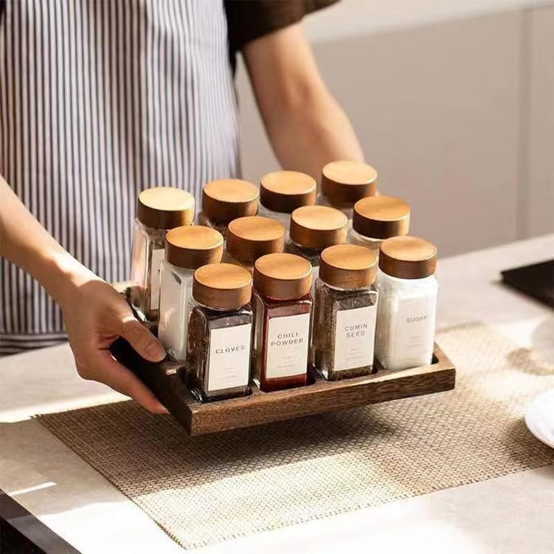 24Pcs Spice Jars,Glass Spice Jars with Labels,120 ML Square Spice Containers with Acacia Wood Lids,Kitchen Spice Jars with Shaker Lids for Spice Rack, Cabinet or Drawer image number 3