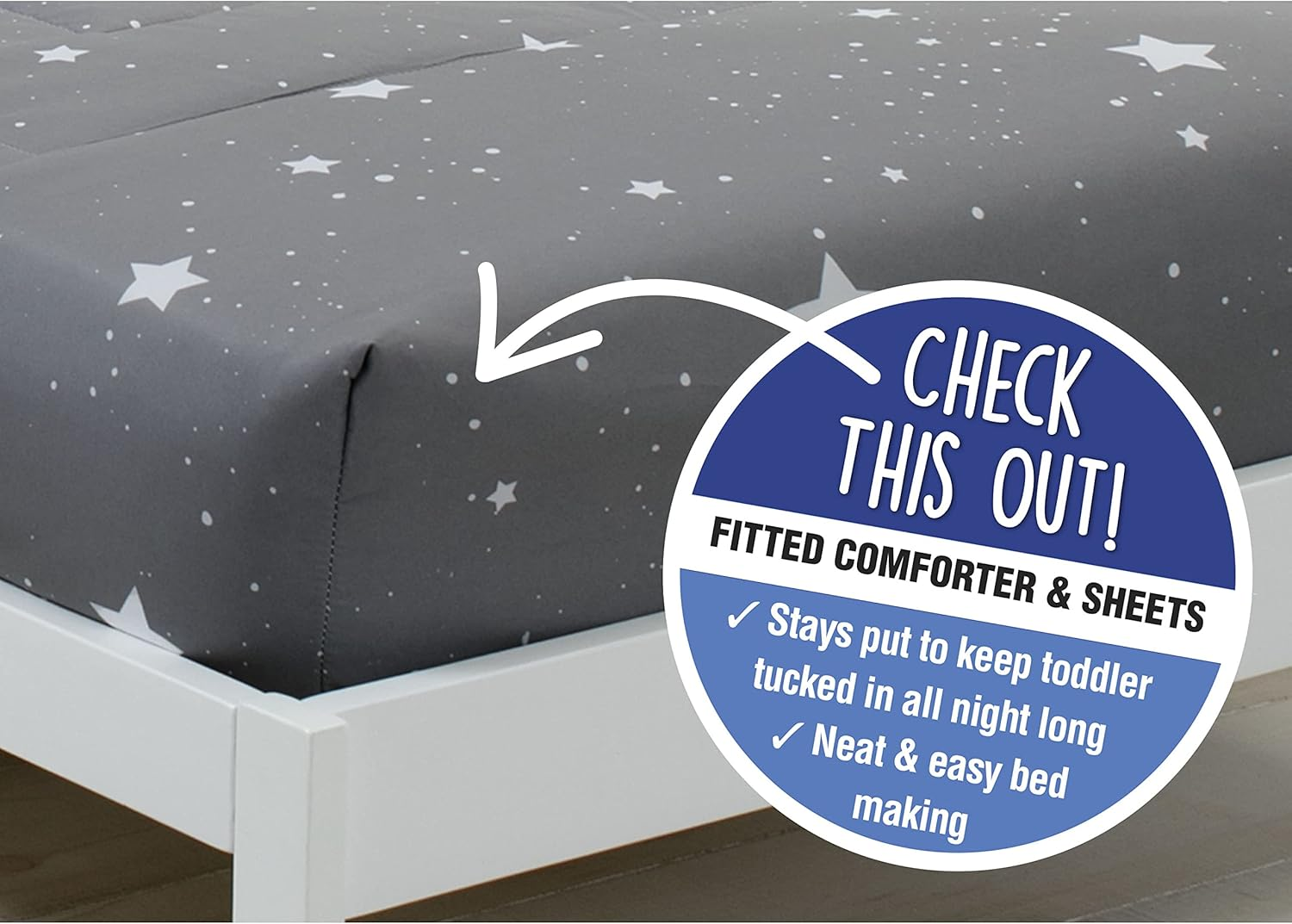 Delta Children 4 Piece Toddler Bedding Set for Boys - Reversible 2-In-1 Comforter - Includes Fitted Comforter to Keep Little Ones Snug, Bottom Sheet, Top Sheet, Pillow Case - Dusty Skies, Grey Stars image number 6