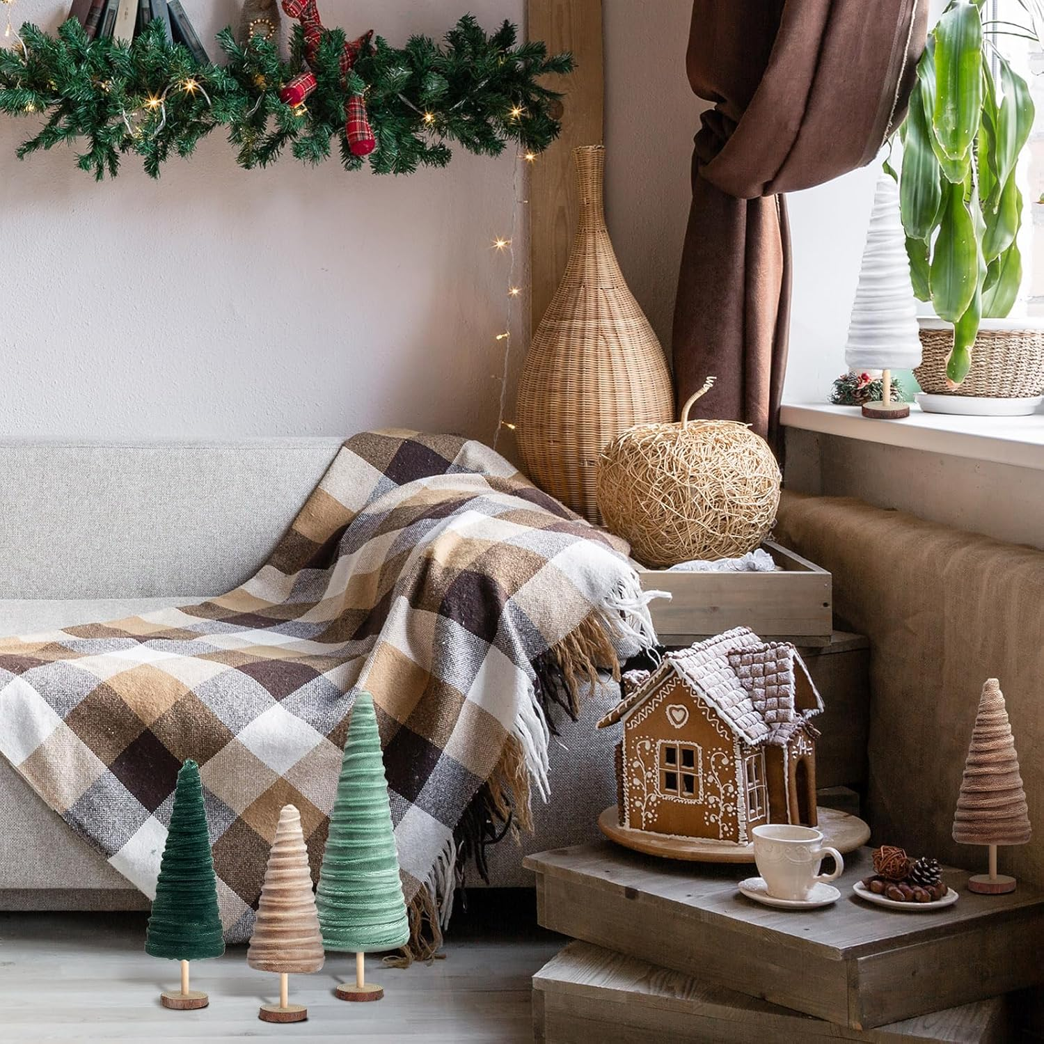 Kigley 5 Pcs Christmas Velvet Trees Set Neutral Christmas Decoration Boho Christmas Cone Trees Flocked Tabletop Centerpieces Farmhouse Home Decorations for Kitchen Xmas Party Mantel Tiered Tray Gift image number 5