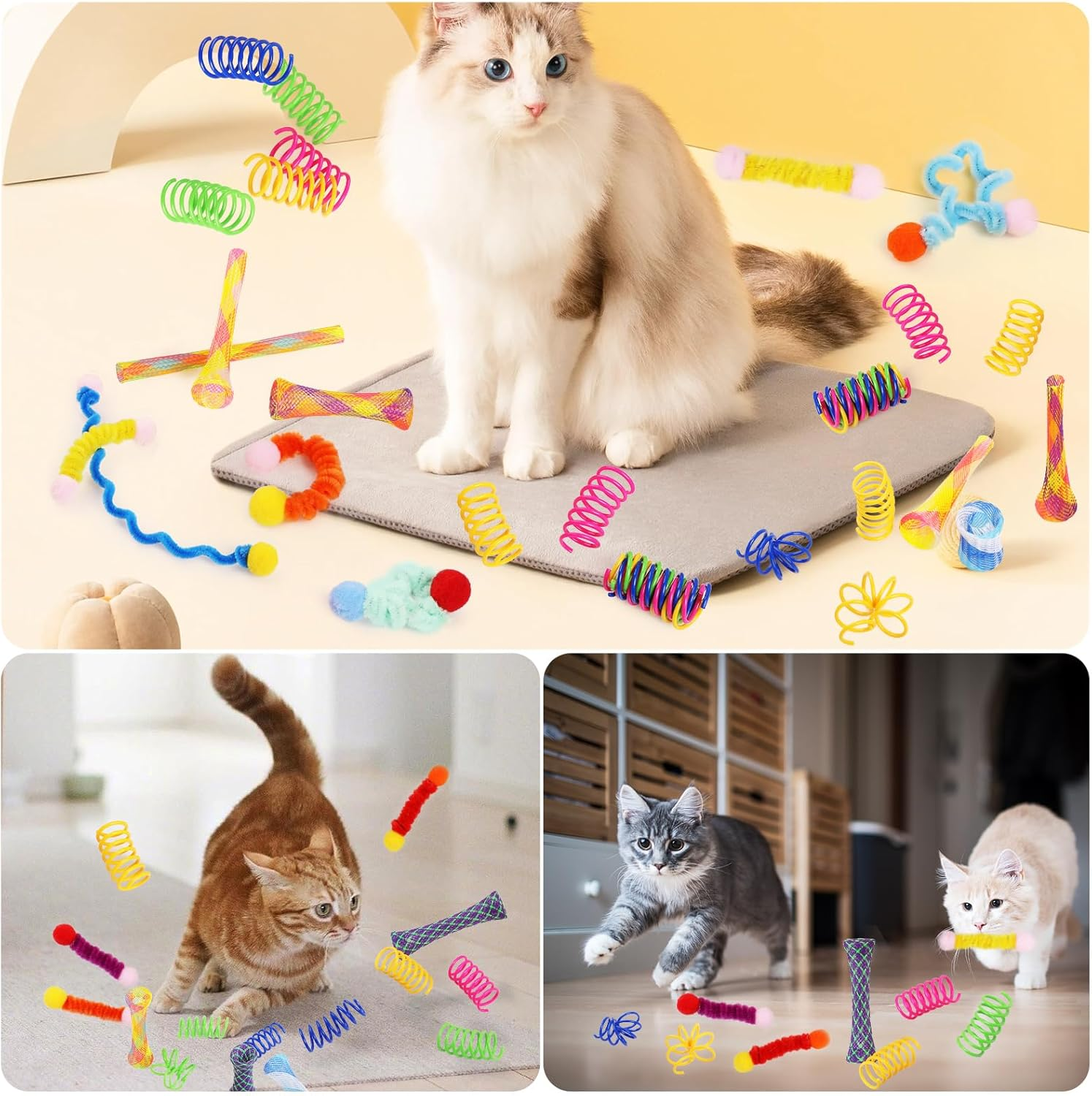 42Pcs Cat Spring Toys，Geeric 20 Short Springs+12 Plush Toy+10 Elastic Hose Tube Colorful Folding Bouncing Mesh Pet Spring Tube Kitten Toy Portable Interactive Cats Toys to Swat, Bite, Hunt In/Outdoor image number 2