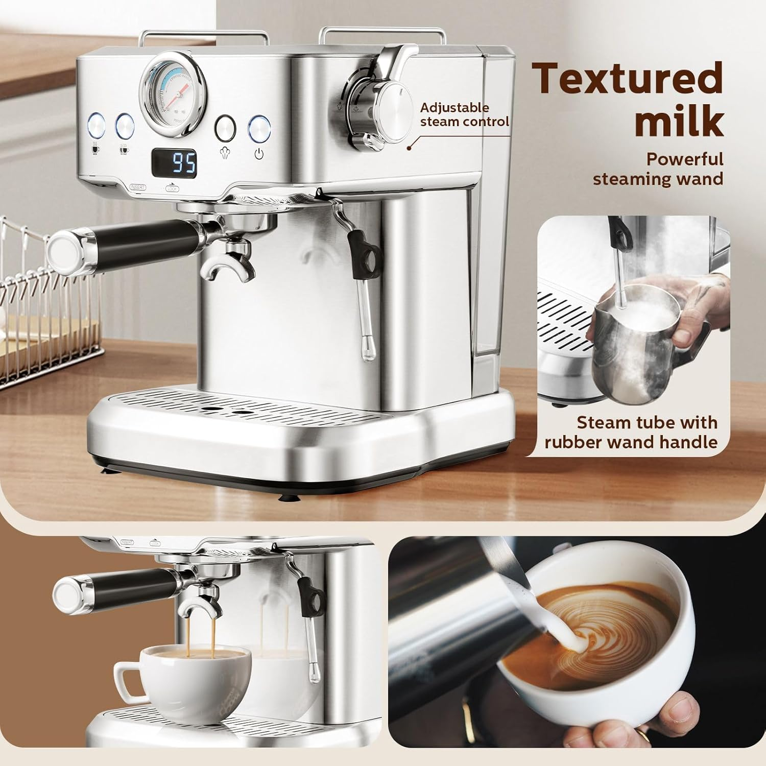 Maxkon Espresso Machine, 20 Bar Professional Espresso Maker, Milk Frother Steam Wand for Latte, Compact Stainless Steel Machine with 2L Removable Water Tank image number 1