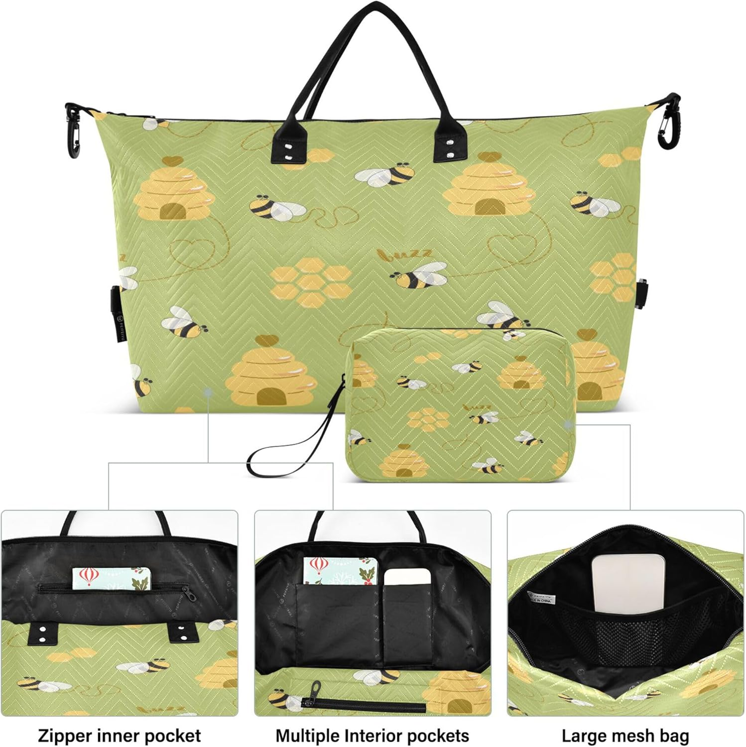 Travel Hand Bag Gym Bag Weekender Duffel Bag with Adjustable Strap for Trip Foldable Bee Happy Good Luck Sweet Honey Pattern Hive, Multi, 1 Size, Modern/Fitted, Multi, 1 Size, Modern/Fitted
