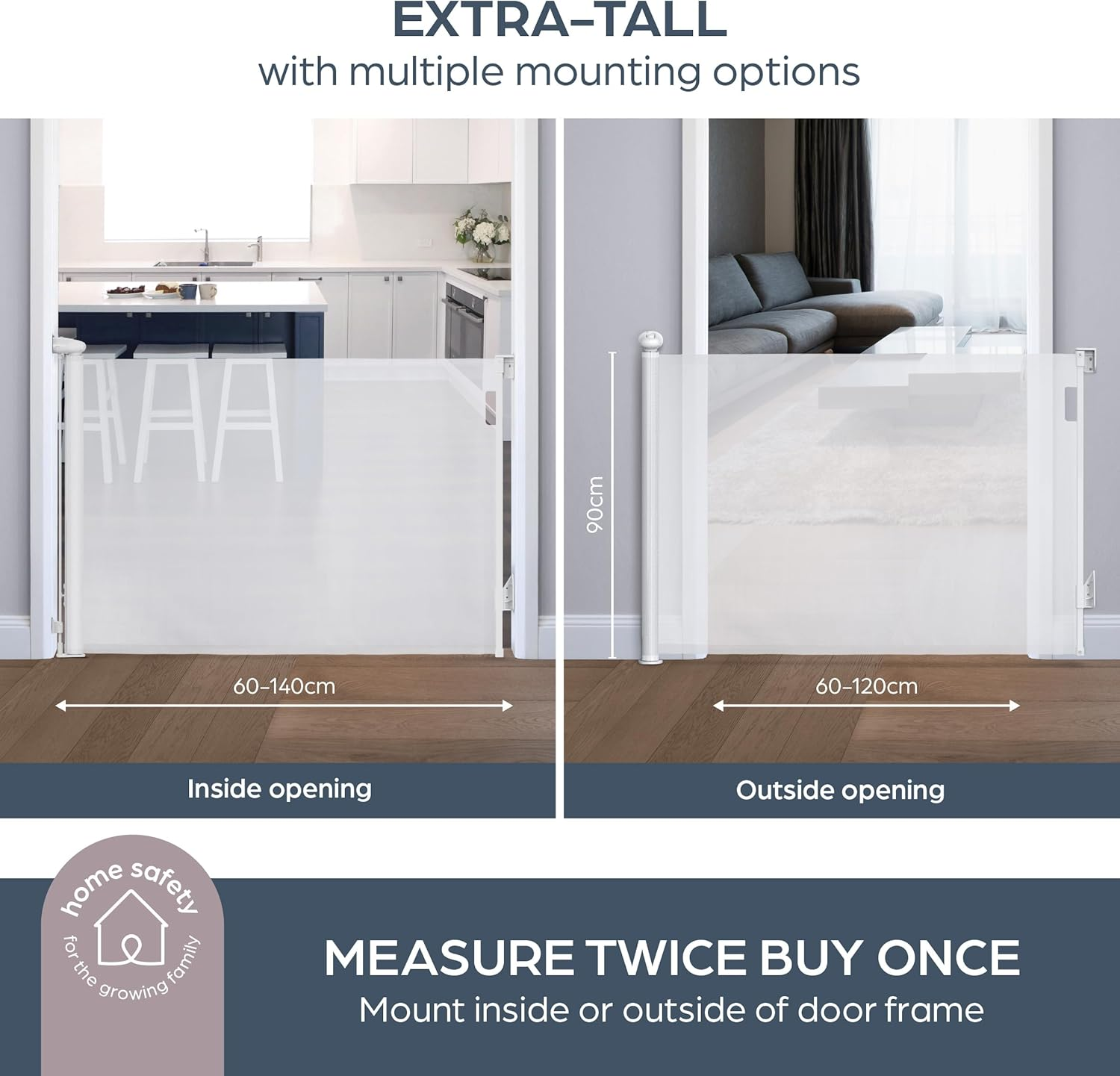 Dreambaby Retractable Safety Stair Gates for Baby, Dog Gate, Extra Wide Mesh Retractable Baby Gate Fits up to 140Cm, Tall 90Cm. 2X Ezy-Check Lock Indicators, Hardware Mounted Baby Gate (White) image number 3