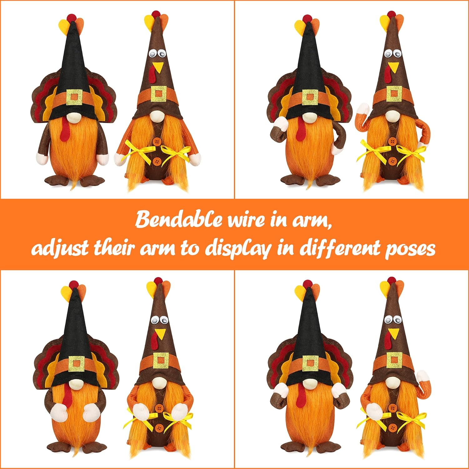 Mr and Mrs Thanksgiving Gnome Plush Decorations - 2 Pcs Turkey Gnomes Handmade Scandinavian Autumn Tomte - Fall Season Decor, Tiered Tray Decor, Thanksgiving Table Decoration, Housewarming Present image number 5