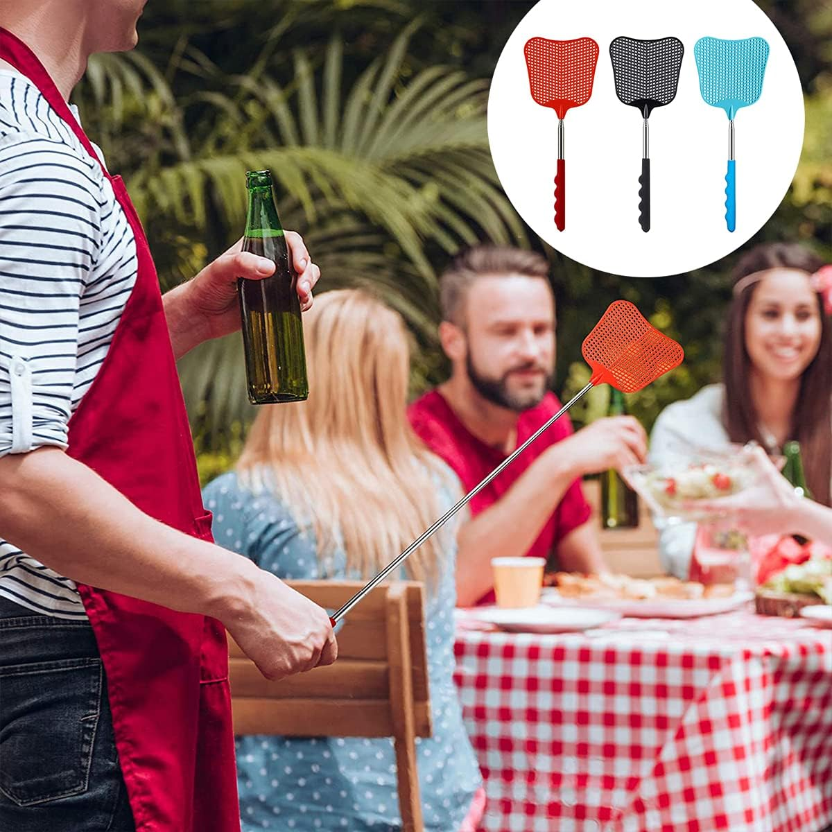 Extendable Fly Swatter, 3 Pcs Durable Heavy Duty Plastic Manual Swat Pest Swatter with Extendable Stainless Steel Handle for Office, Home, School, Swat Pest, Fly(Black, Red, Blue) image number 5