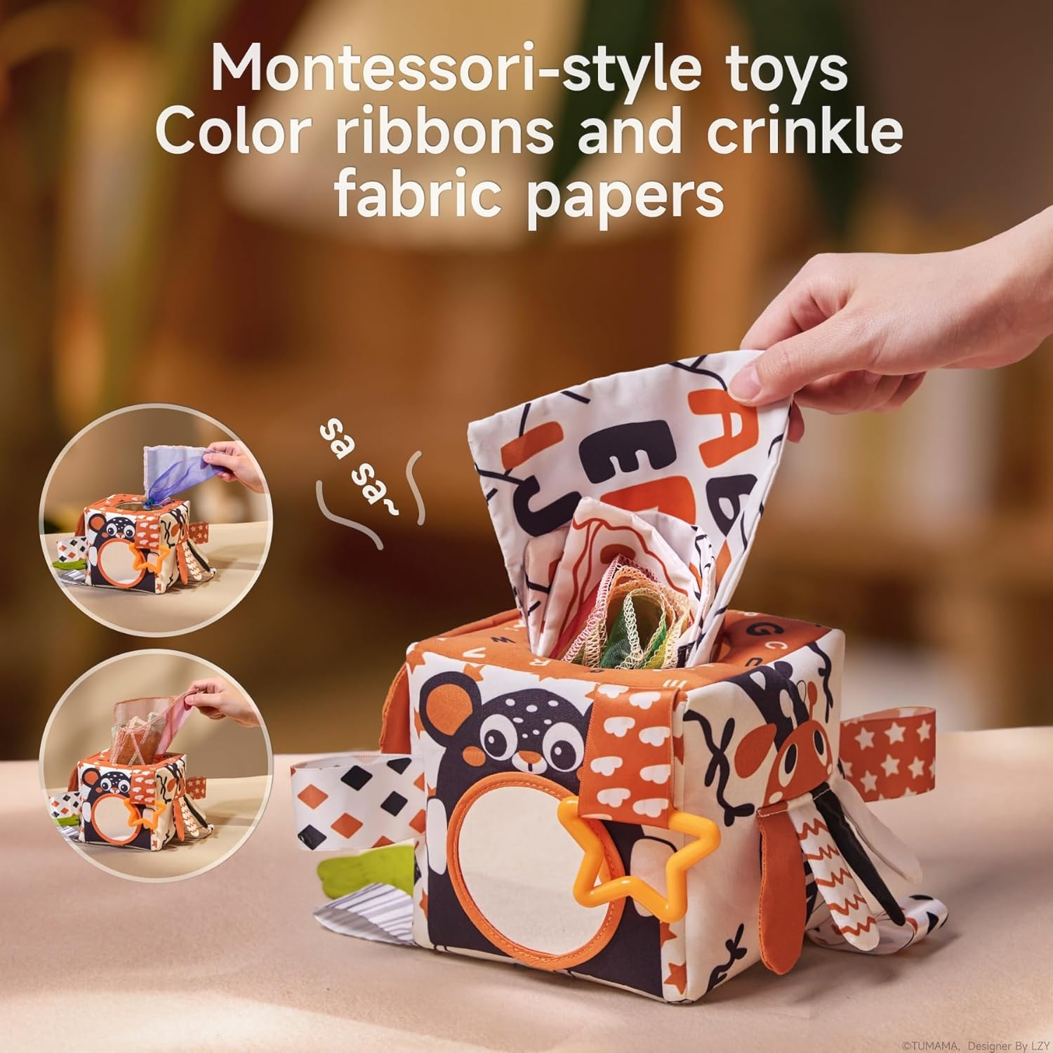 TUMAMA KIDS Montessori Baby Tissue Box with Contrast Designs, Colourful Ribbons and Crinkle Paper for Toddler 0 3 6 9 Months+ image number 4