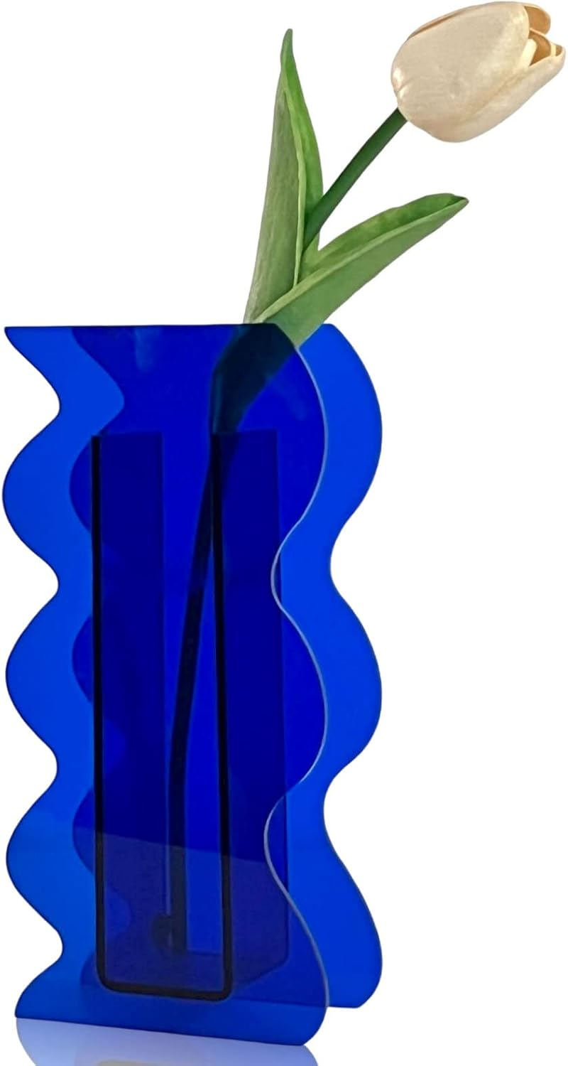 BLOFLO Klein Blue Acrylic Vase, Geometric Acrylic Flower Vase, Tall Wave Shaped Acrylic Vases for Flowers, Modern Flower Vases for Centerpieces, Contemporary D&eacute;cor for Home Office Wedding image number 4