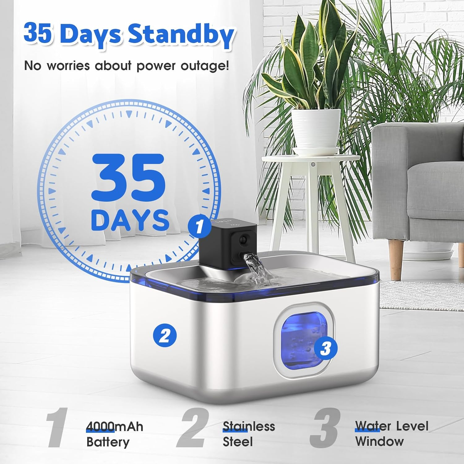 Advwin 5L/169Oz Wireless Stainless Steel Cat Water Fountain, 4000Mah Battery Operated Rechargeable Pet Dog Water Dispenser Indoor, Automatic Pet Drinking Water Bowls with Motion Sensor & Quiet Pump image number 4