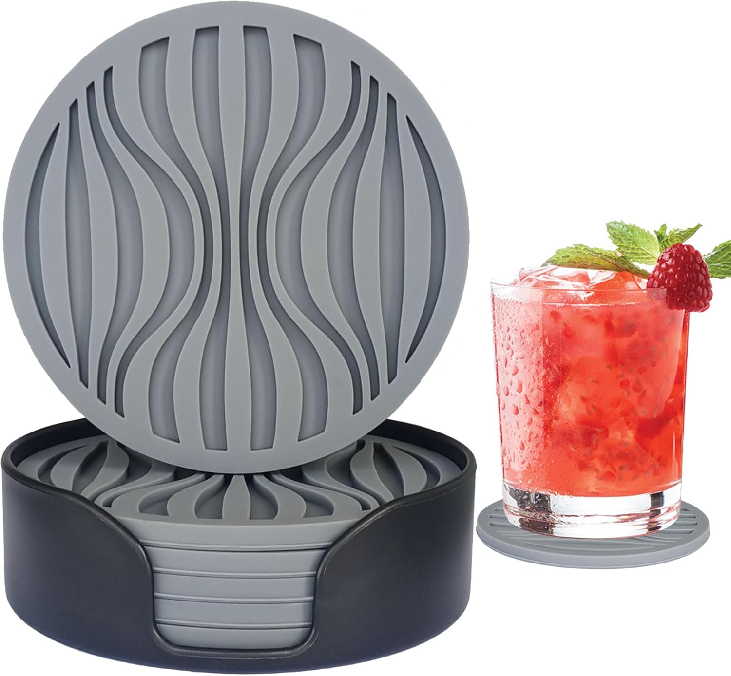 6 Pack Rubber Drink Coasters,Coasters for Drink with Holder,Silicone Cup Mat Non-Stick,Non-Slip,Thickened Live for Hot or Cold Drink-Pure Gray image number 1