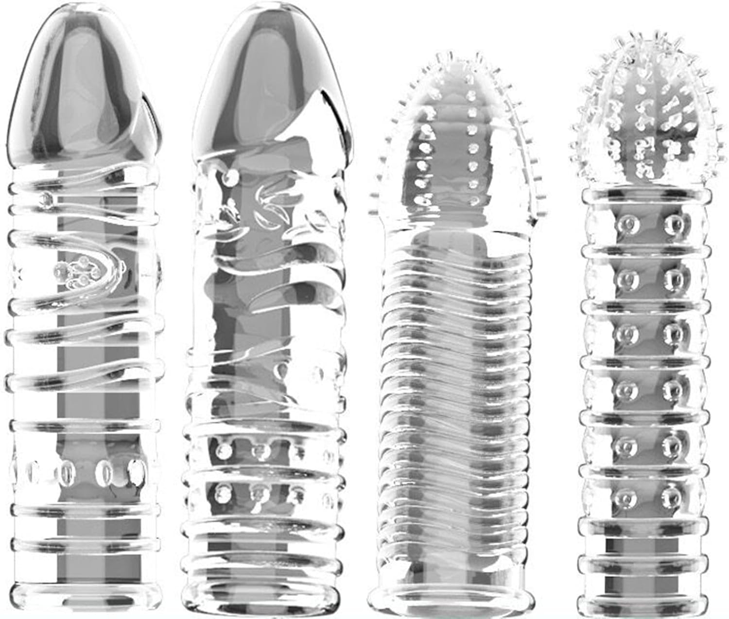 Sponver Threaded Condom Male Condom Adult Lock Crystal Sleeve 4 Designs（Pack of 4）Transparent