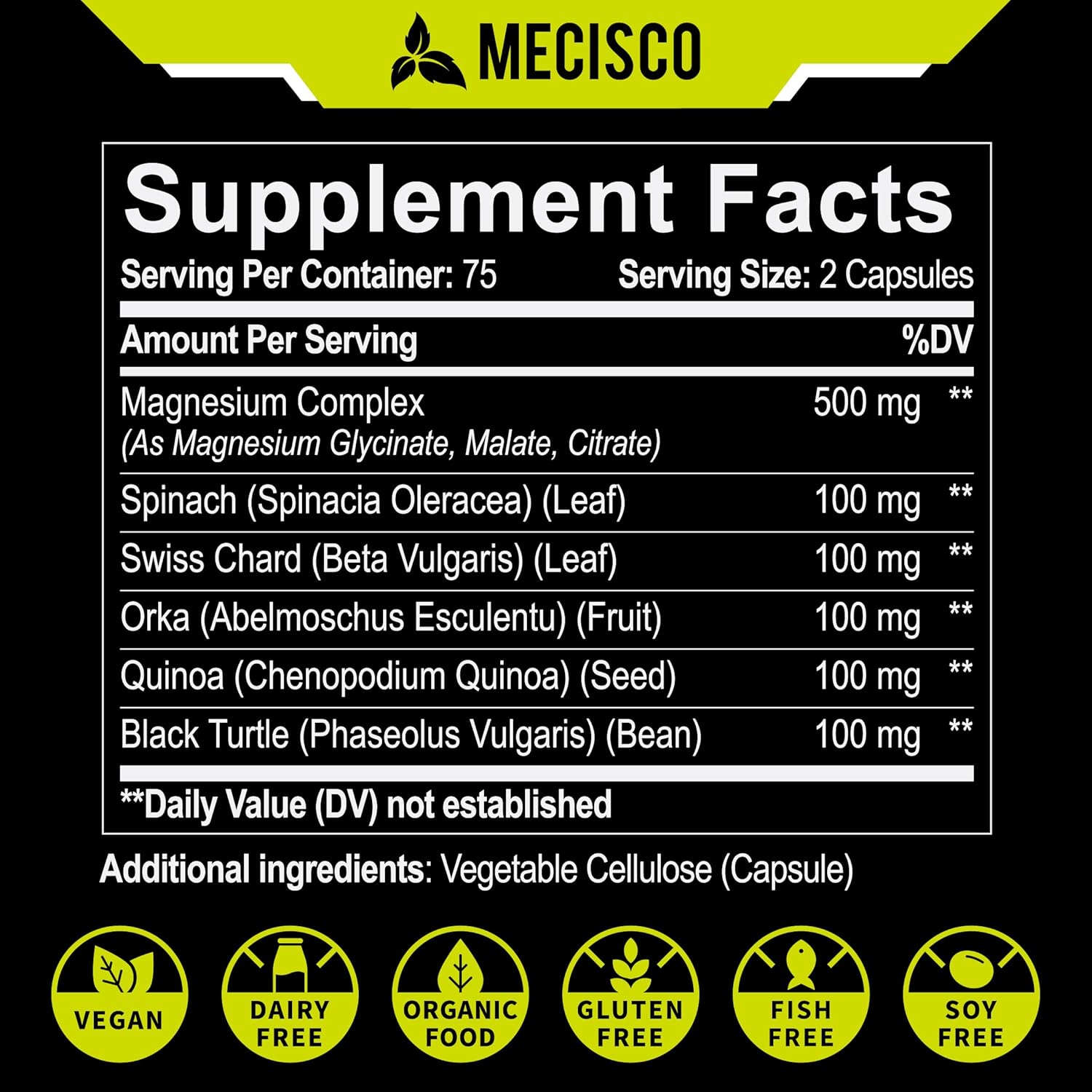 15500Mg Magnesium Complex Supplement Added Organic Spinach Leaf, Organic Swiss Chard Leaf, Okra Leaf, Quinoa & Black Bean - 150 Capsules for 75-Day Supply - Brain Support, Restful Mood & Immunity image number 2