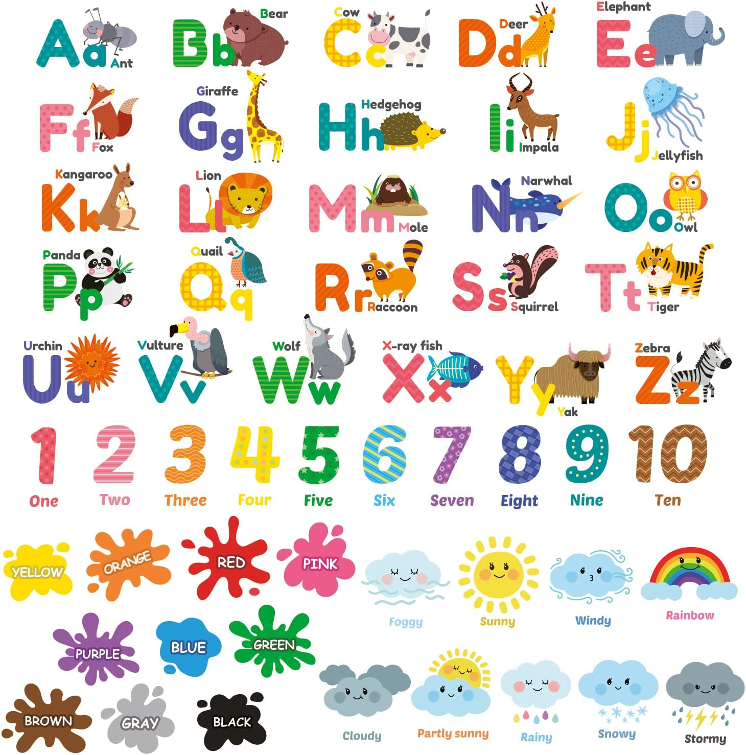 DECOWALL DSL-8070 Animal Alphabet Numbers Colour Weather Kids Wall Stickers Decals Playroom Letters Decor Bedroom ABC Nursery Classroom Toddlers Learning Educational Baby Rainbow Colorful image number 2