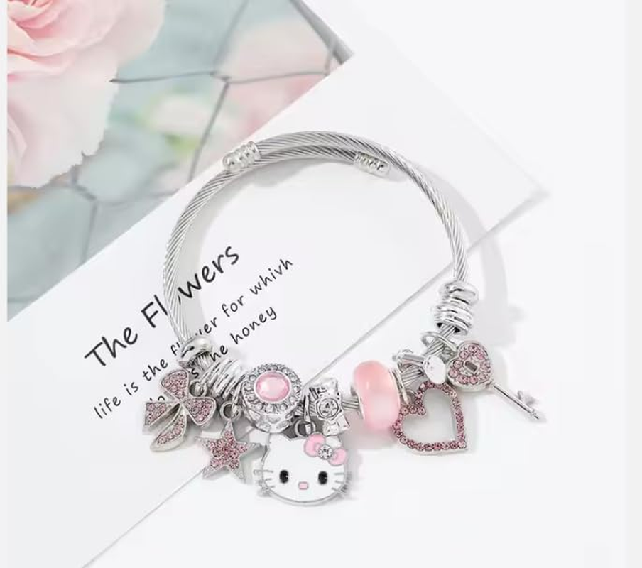 Cute Charm Bracelet, Chain Cuff Jewelry Charms for Bracelets, Stainless Steel Anime Cartoon Bracelet for Women Teen Girls Sister Bff Birthday Gift and Friendship, Medium, Stainless Steel, Amber