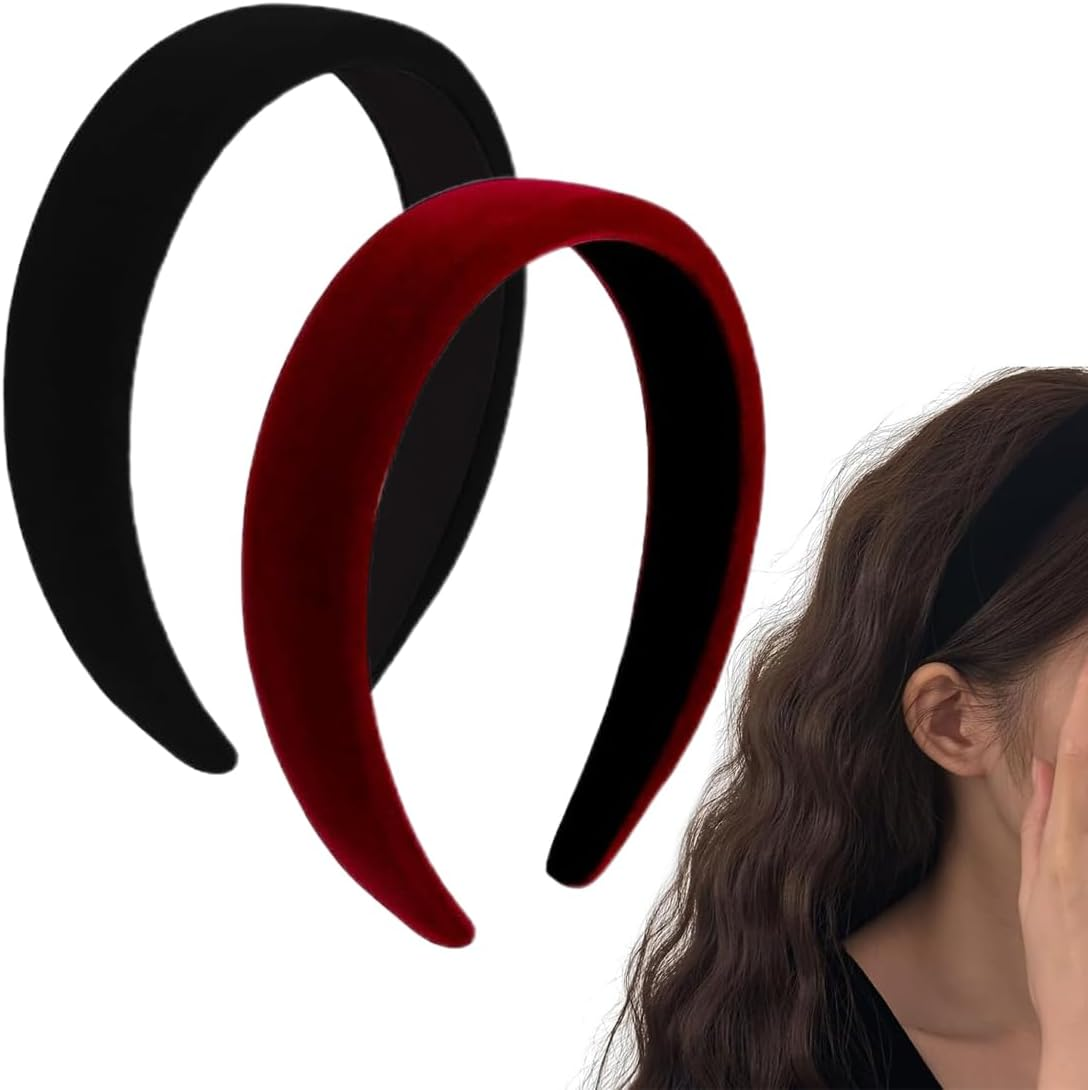 2 Pieces Women Velvet Fabric Padded Headbands Retro Vintage Solid Plain Headbands for Women and Girls (Black/Burgundy) image number 1