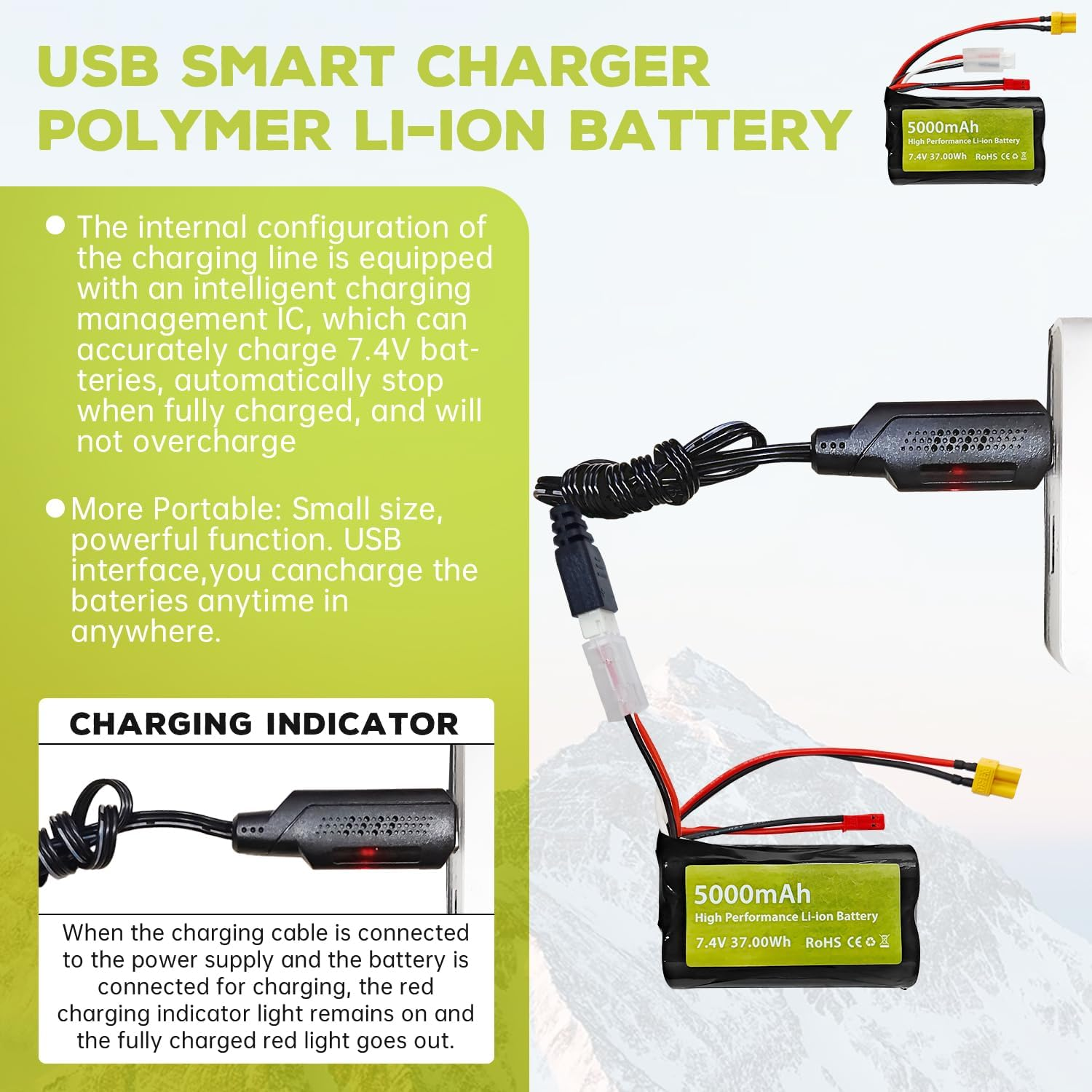 Fytoo 7.4V 5000Mah 2S Li Ion Battery with JST Plug and XT30 Plug with USB Charging Cable Suitable for TX16S, TX18S, RC4GS, RC6GS, TX12 RC Transmitter RC Car Truck Engineering Vehicle Battery