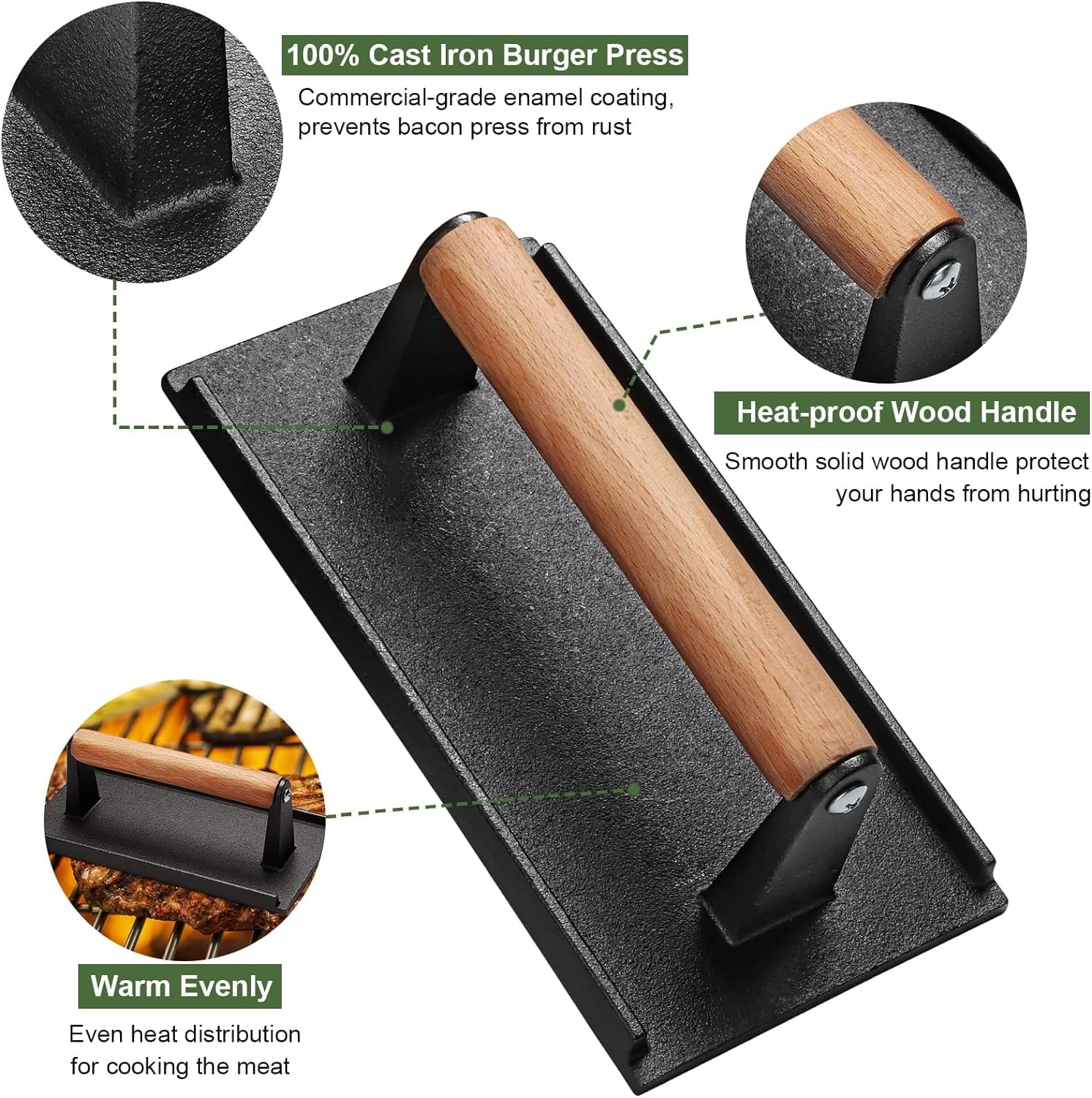 Burger Press, Anfower 7" round & 8.2"X4.3" Rectangle Heavy-Duty Cast Iron Smash Bacon Press Meat Steak with Wood Handle for Griddle, Sandwich, Nonstick Pan image number 5