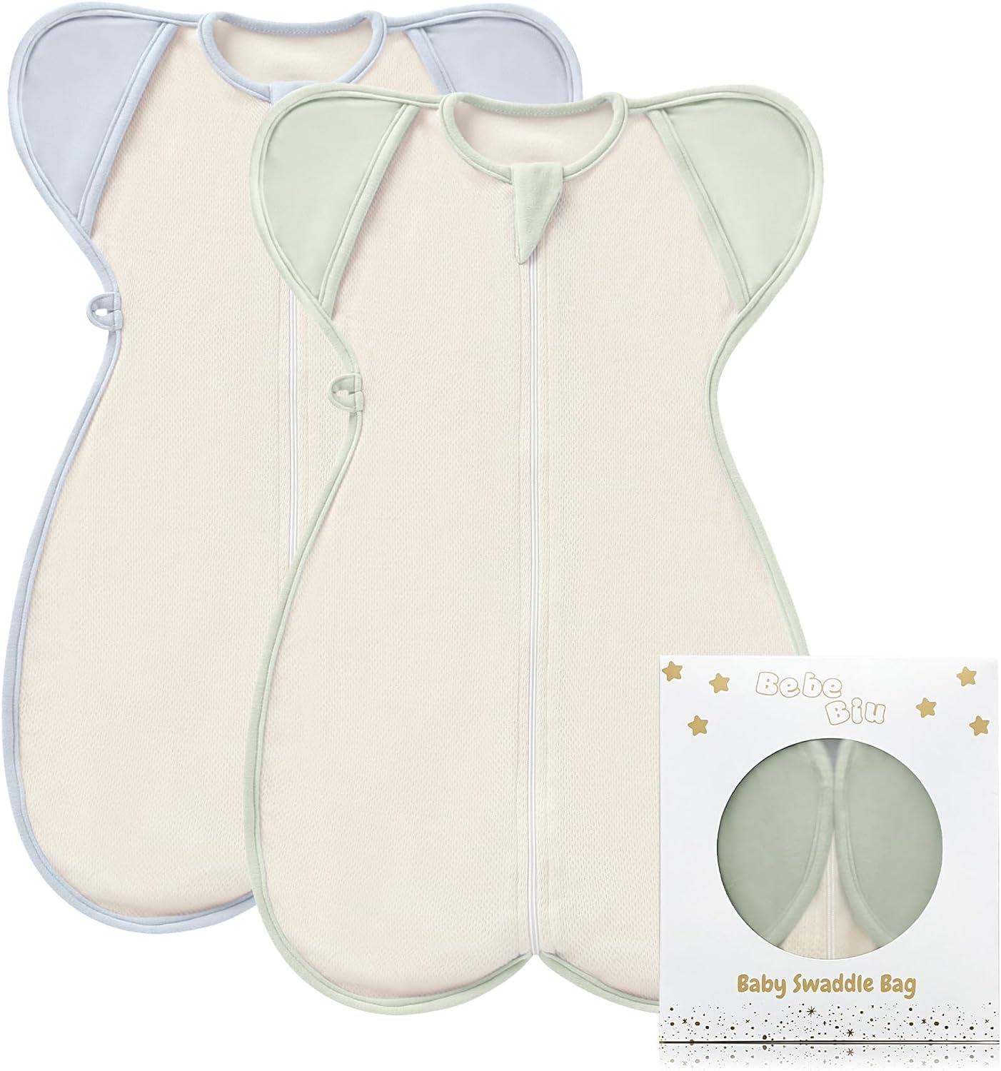 Bebebiu Baby Swaddle Sleeping Bag, 0.5 TOG, 2-Way Zipper, Breathable Mesh, Arms In/Out Design, 2-Pack (Sage/Ether, 6-9 Months)