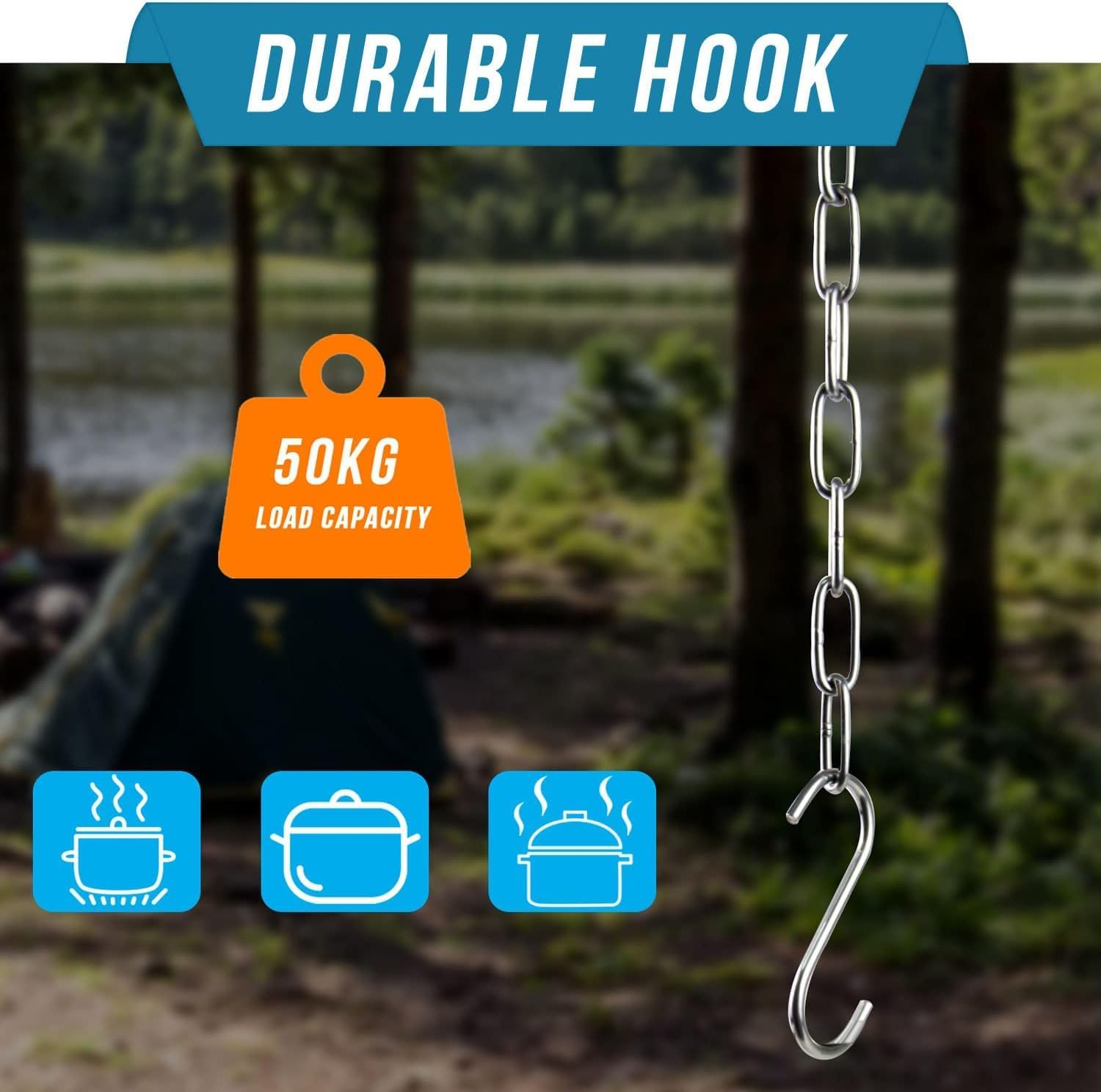 Camping Tripod for Cooking, Newest Survival Cooking Gear, Stainless Steel Cooking Tripod for Campfire, Campfire Cooking Accessories for Outdoor Cooking, Picnic, Hiking, Camping image number 4