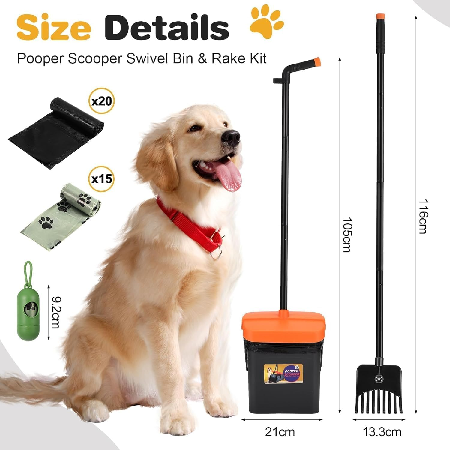 Pseul Pooper Scooper Swivel Bin & Rake Kit,116Cm Adjustable Long Dog Poop Scooper, with 35 Dog Poop Bags, Portable Dog Poop Picker Gravel-Dog Waste Set, Garden Cleaning Kit for Yard Dog Pet for Lawns image number 1