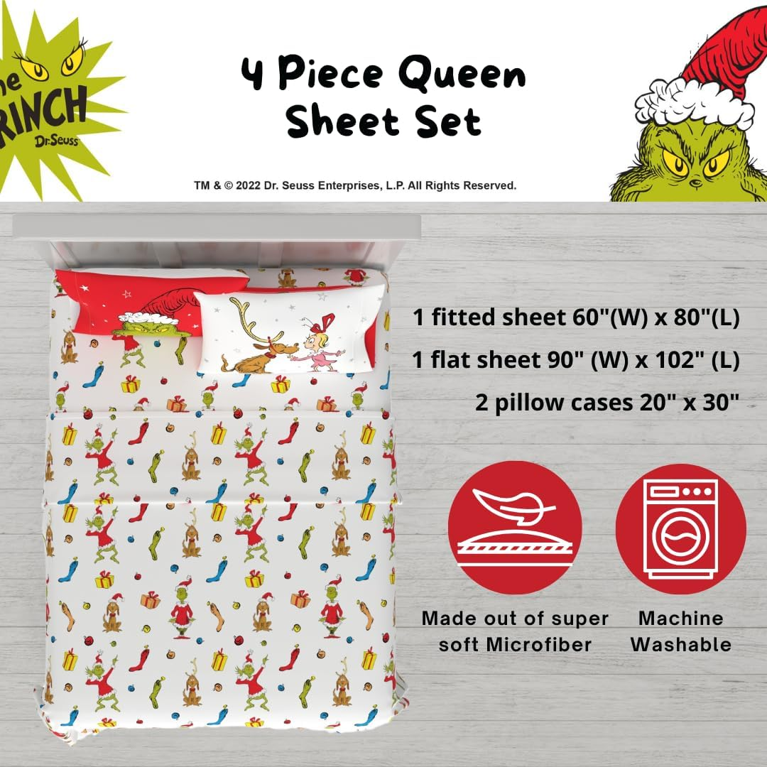 Franco Collectibles Dr. Seuss the Grinch Holiday & Christmas Bedding Super Soft Microfiber 4 Piece Queen Sheet Set, (Officially Licensed Product) image number 3