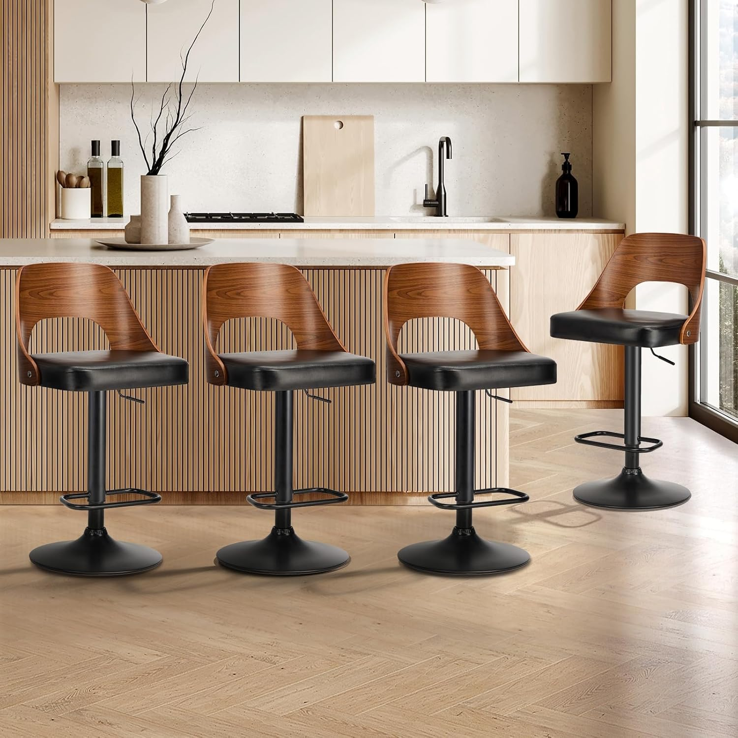 Oikiture Bar Stool Set of 4 Home Kitchen Barstools with PU Leather Seat and Gas Lift Barstools in 57-77Cm Height and Footrest Swivel Chair Set for Home Bar Dining Room, Black