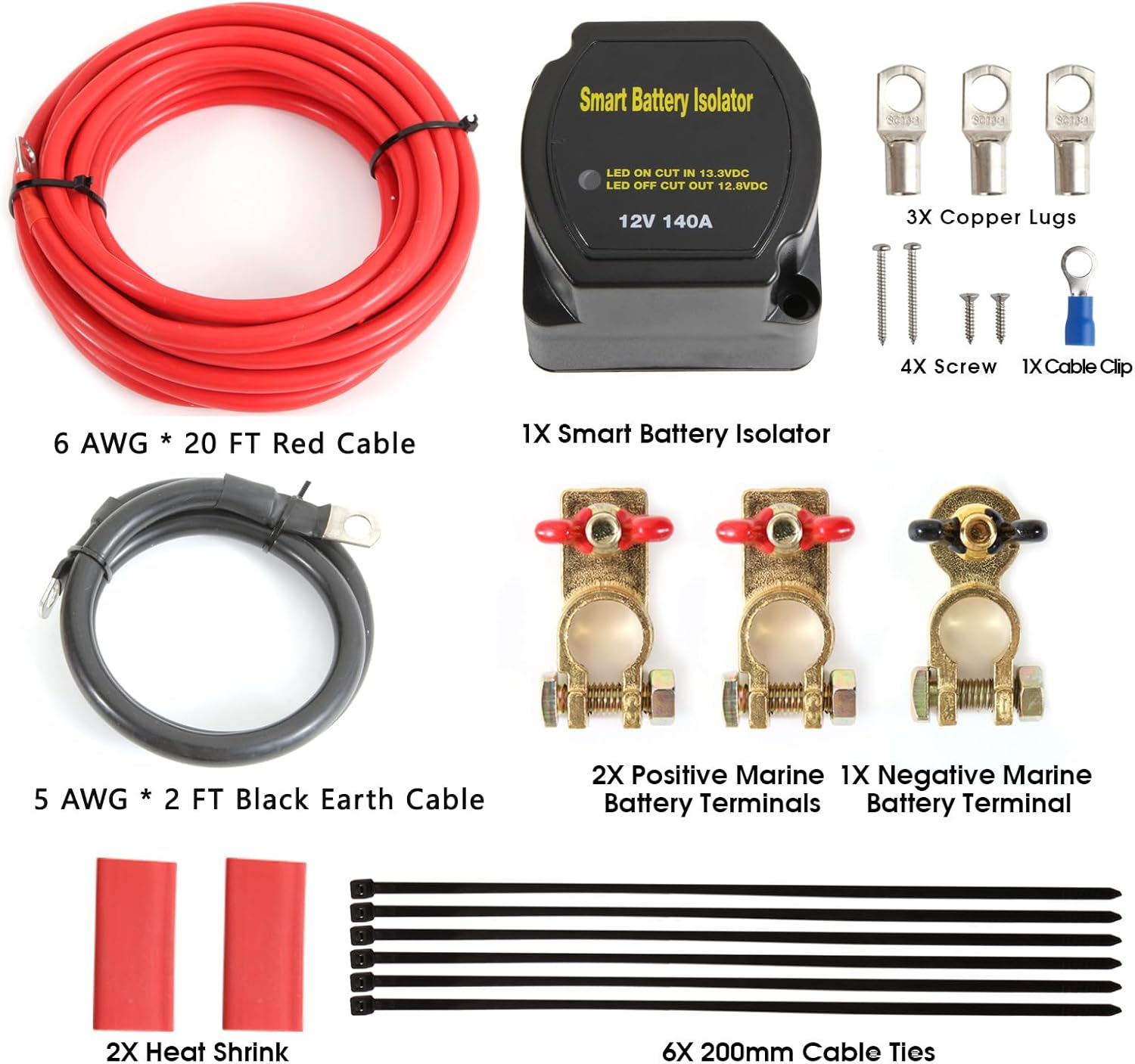Battery Isolator Kit 12V 140Amp Split Charge Relay with 20Ft 6AWG Wiring Cable, Automatic Dual Battery Isolator Kit Voltage Sense Relay for Marine, ATV, UTV, RV, Car image number 3