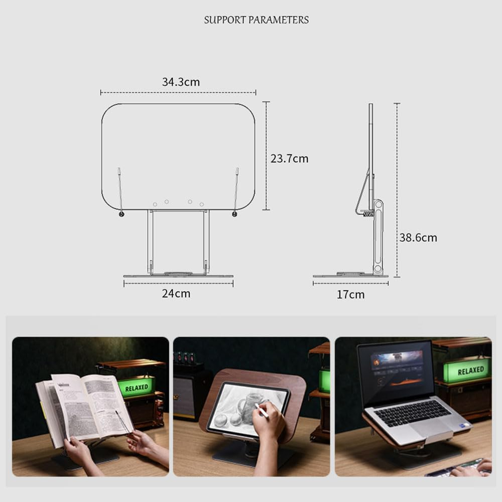 Desktop Book Stand for Reading Adjustable Book Holder with 360&deg; Rotating Base & Page Clips, Foldable Desktop Ricer for Cookbook,Sheet Music,Laptop,Recipe,Textbook,Hands Free,Aluminium