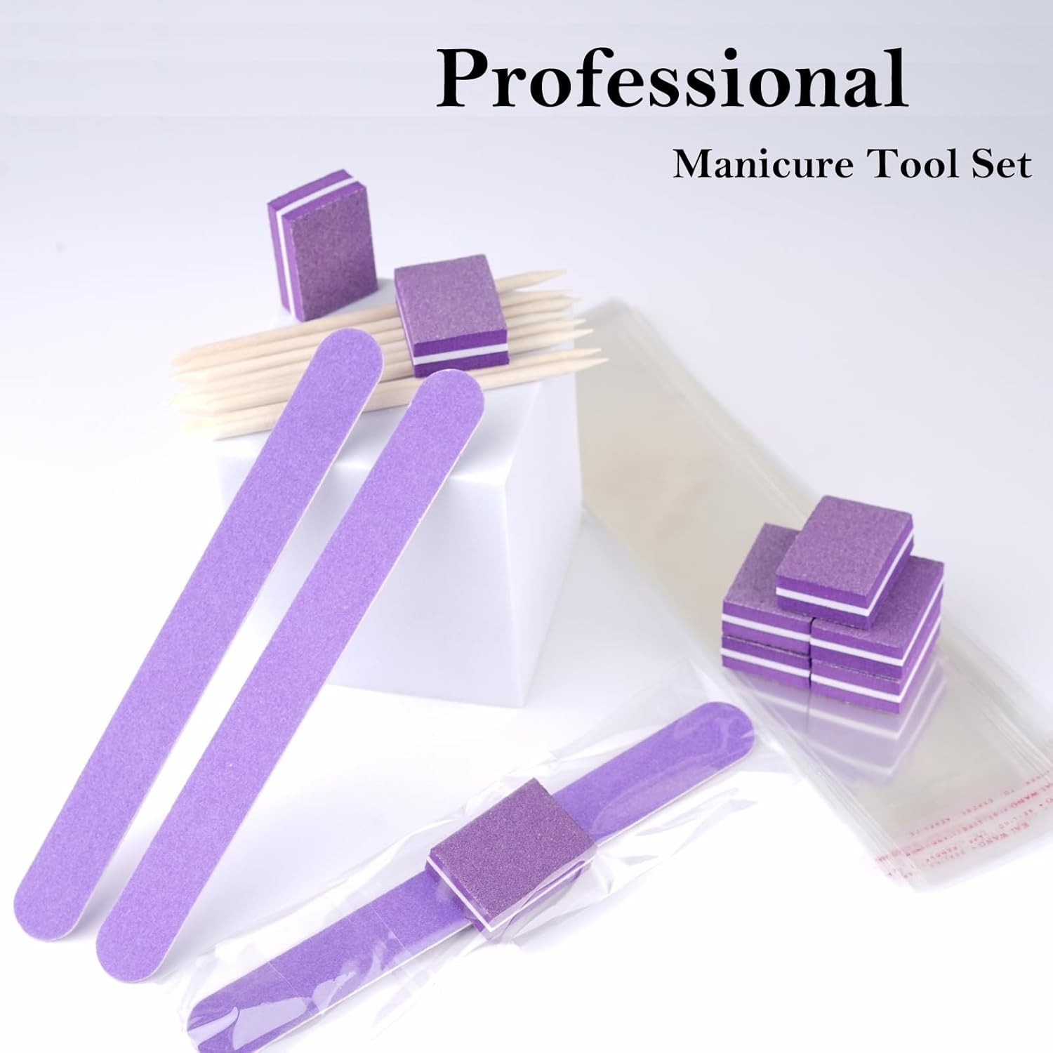 50 Set Disposable Manicure Kit, Including 50Pcs Mini Nail Buffer, 50Pcs Nail File, 50Pcs Wood Stick, 50Pcs OPP Bag, Press on Nail Tool Kit for Salon Home (Purple) image number 5