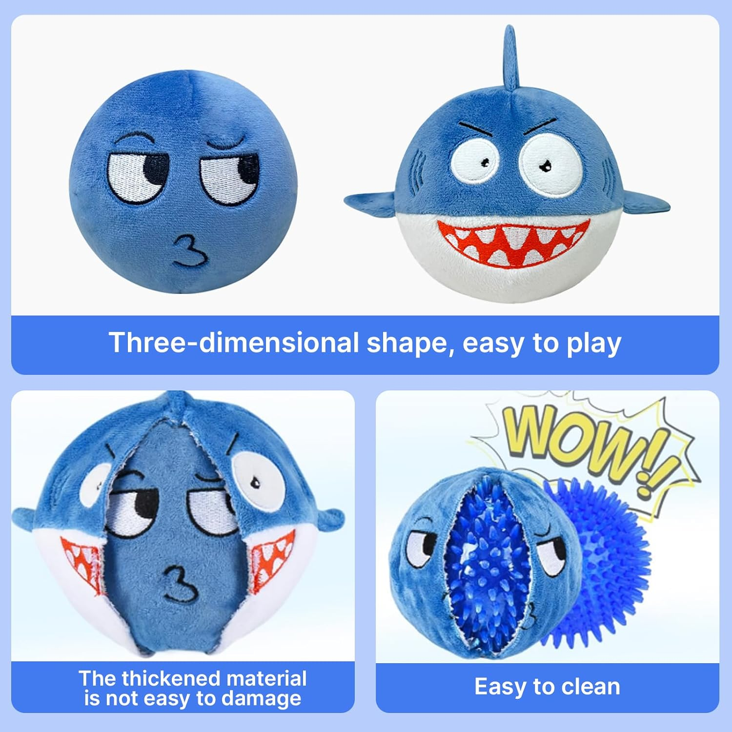 Velmoriah Squeaky Dog Toys for Aggressive Chewers, Shark Smile Plush Dog Toys with Soft Fabric & Crinkle Paper, Interactive Durable Chew Toy Ball for Small Large Medium Breeds image number 4