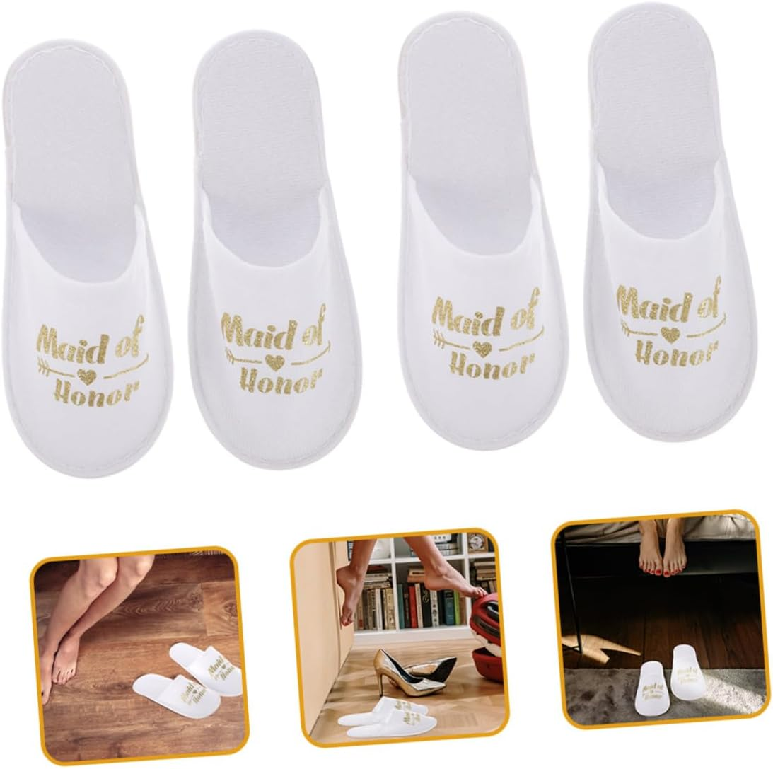 Gatuida Disposable Gold Maid of Honor Wedding Slippers for Bridesmaids, 2 Pairs Fabric Party Footwear with Gold Foil Lettering, Non-Slip Cloth Slippers for Bridal Shower and Pajama Party image number 5