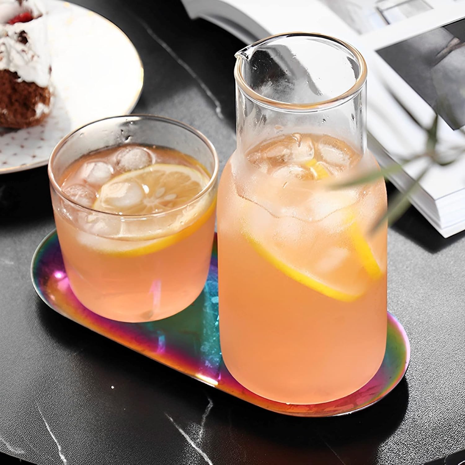 Abizarch Bedside Water Carafe Set with Tumbler Glass Cup for Bedroom Nightstand, 17.5 Oz/500Ml Household Glass Juice Water Pitcher, Mouthwash Jug Bottle for Bathroom, Cold Water Bottle with Cup Set image number 1