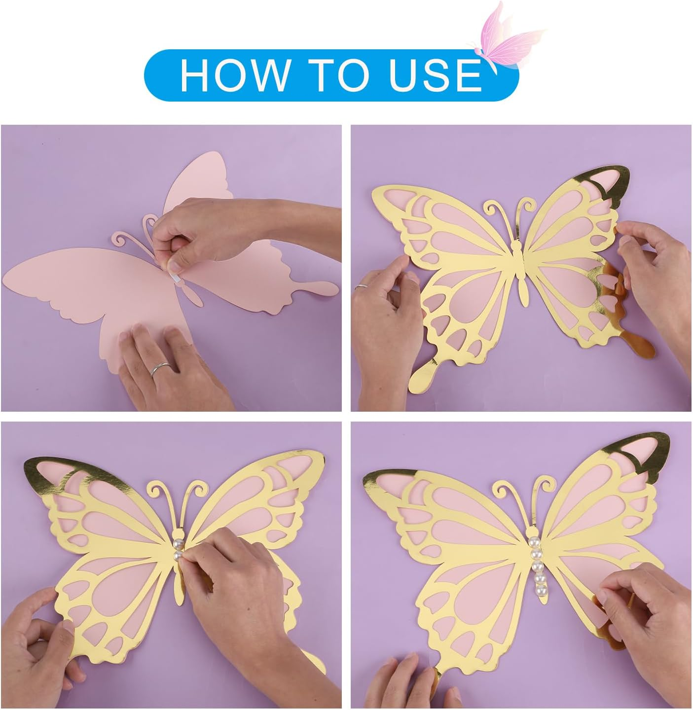 12Pcs Large 3D Butterfly Decorations, 3D Butterfly Wall Decoration with 50Pcs Pearl Stickers Giant Butterfly Wall Decor for Birthday Baby Shower Wedding