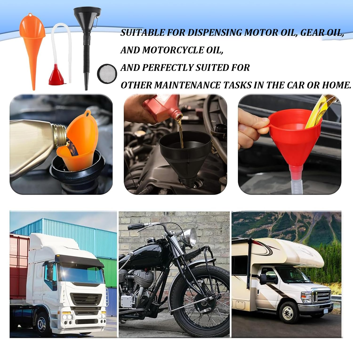 Xinghonyac 6 Pcs Car Funnel Set, Contains Flexible Hose Oil Funnel with Wide Mouth Oil Funnel for Cars Motorcycles Engine Gas Oils Water Diesel Fuel Kerosene and Other Liquids