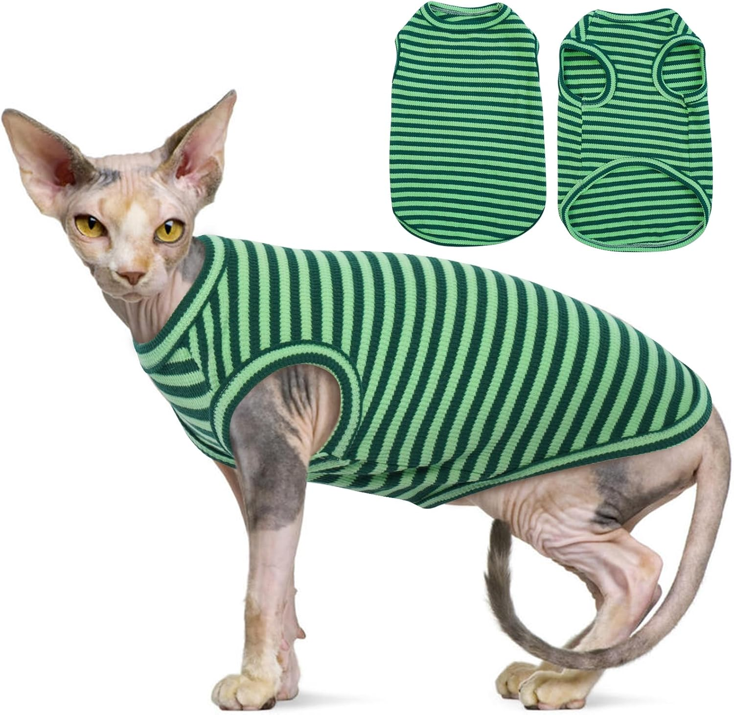 OUOBOB Sphynx Cat Clothes, Breathable Hairless Cat Shirts, Stripe Kitten T-Shirts Sleeveless, Pullover Cat Sweaters, Pet Summer Apparel for Sphynx, Cornish Rex, Devon Rex, Peterbald, Small Dogs